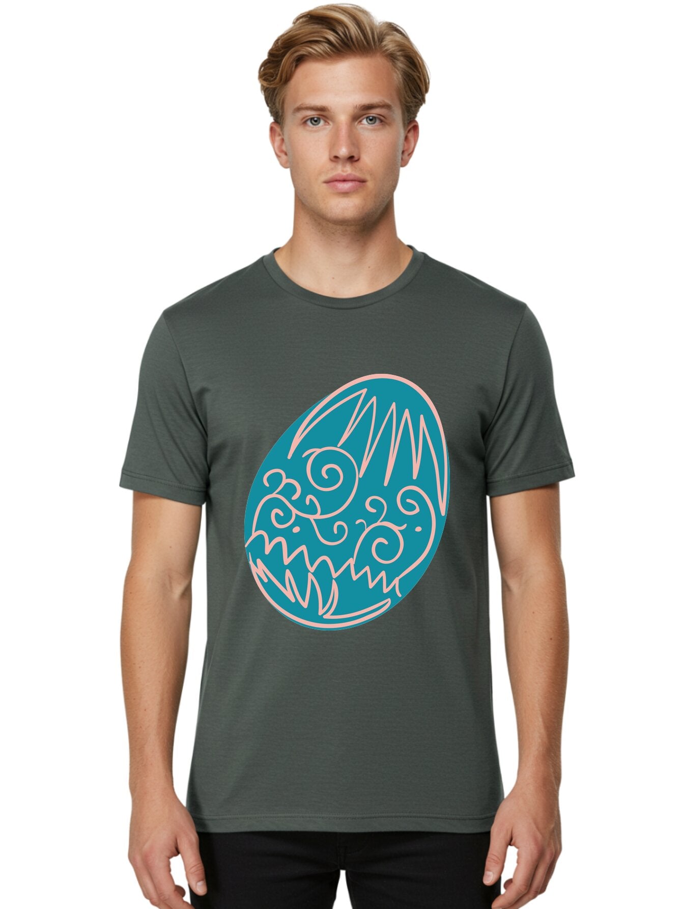 Monster-Egg Men'S Graphic Tee, 100% Cotton, Comfortable Casual Summer Wear, Machine Washable, Monster Face, Easter Egg, Blue Egg, White Outline, Playful Design, Cartoon Style, Abstract Art, Creative Illustration, Fantasy Creature, Aad020 16