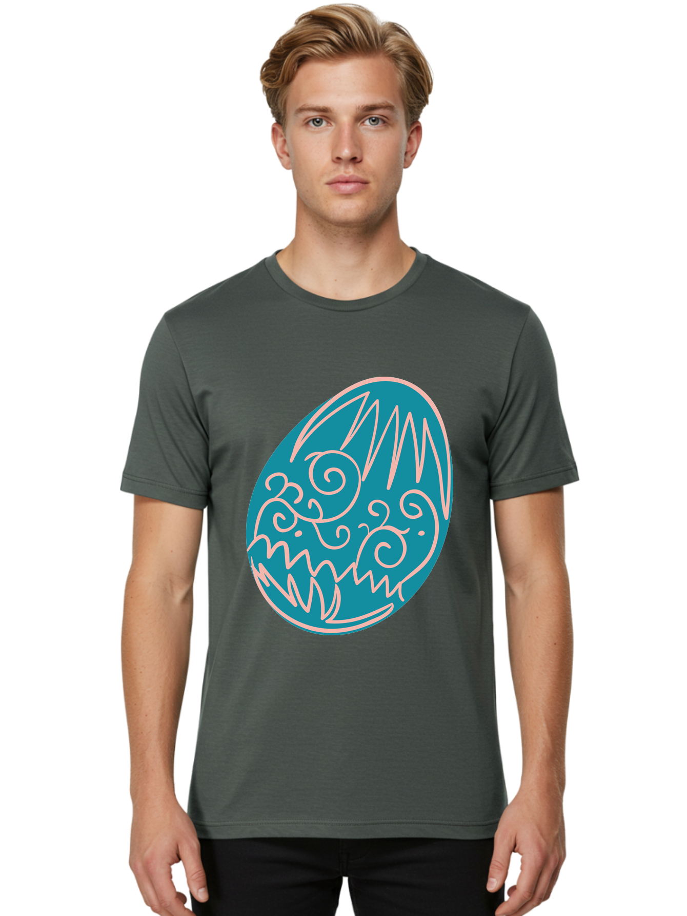 Monster-Egg Men'S Graphic Tee, 100% Cotton, Comfortable Casual Summer Wear, Machine Washable, Monster Face, Easter Egg, Blue Egg, White Outline, Playful Design, Cartoon Style, Abstract Art, Creative Illustration, Fantasy Creature, Aad020 26