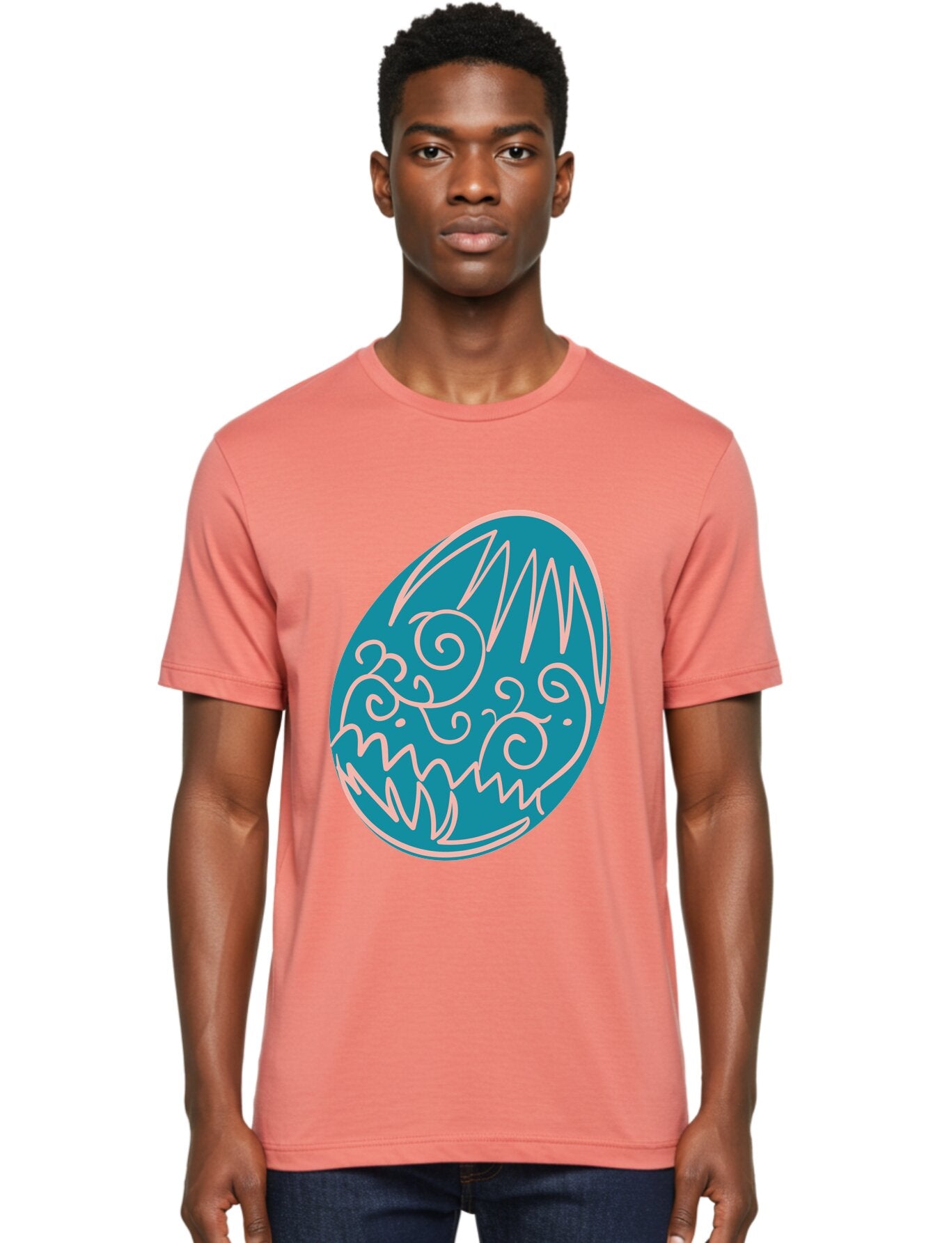 Monster-Egg Men'S Graphic Tee, 100% Cotton, Comfortable Casual Summer Wear, Machine Washable, Monster Face, Easter Egg, Blue Egg, White Outline, Playful Design, Cartoon Style, Abstract Art, Creative Illustration, Fantasy Creature, Aad020 19