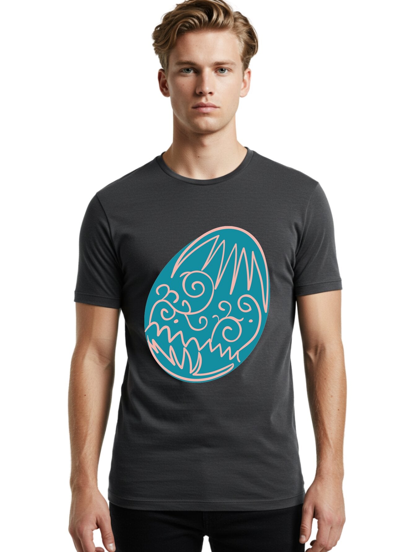 Monster-Egg Men'S Graphic Tee, 100% Cotton, Comfortable Casual Summer Wear, Machine Washable, Monster Face, Easter Egg, Blue Egg, White Outline, Playful Design, Cartoon Style, Abstract Art, Creative Illustration, Fantasy Creature, Aad020 21