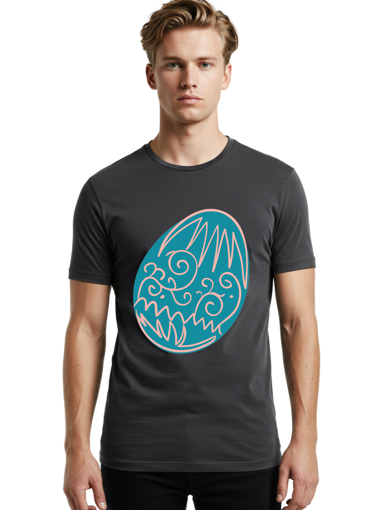 Monster-Egg Men'S Graphic Tee, 100% Cotton, Comfortable Casual Summer Wear, Machine Washable, Monster Face, Easter Egg, Blue Egg, White Outline, Playful Design, Cartoon Style, Abstract Art, Creative Illustration, Fantasy Creature, Aad020 20