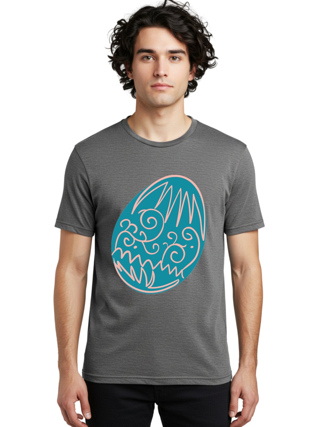 Monster-Egg Men'S Graphic Tee, 100% Cotton, Comfortable Casual Summer Wear, Machine Washable, Monster Face, Easter Egg, Blue Egg, White Outline, Playful Design, Cartoon Style, Abstract Art, Creative Illustration, Fantasy Creature, Aad020 26
