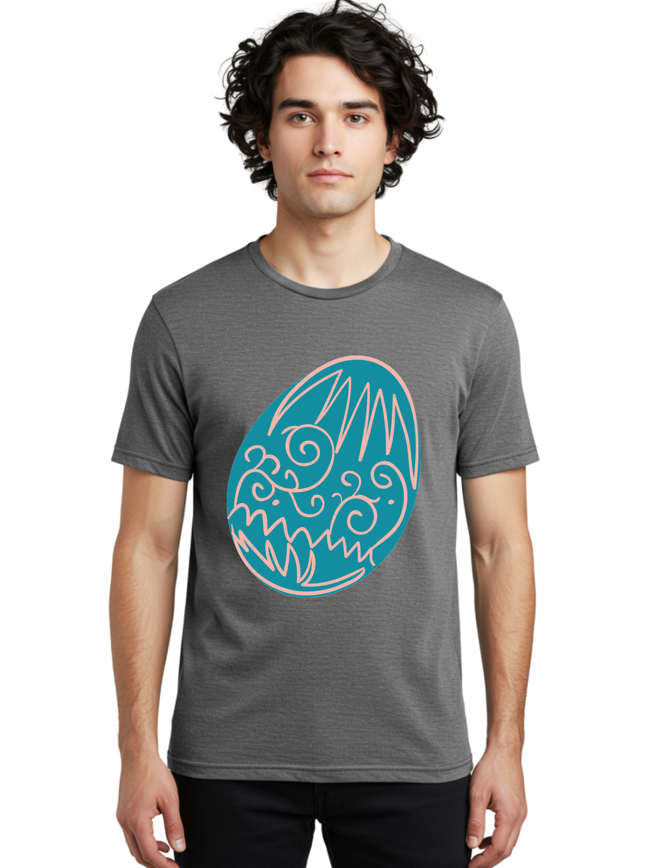 Monster-Egg Men'S Graphic Tee, 100% Cotton, Comfortable Casual Summer Wear, Machine Washable, Monster Face, Easter Egg, Blue Egg, White Outline, Playful Design, Cartoon Style, Abstract Art, Creative Illustration, Fantasy Creature, Aad020 10