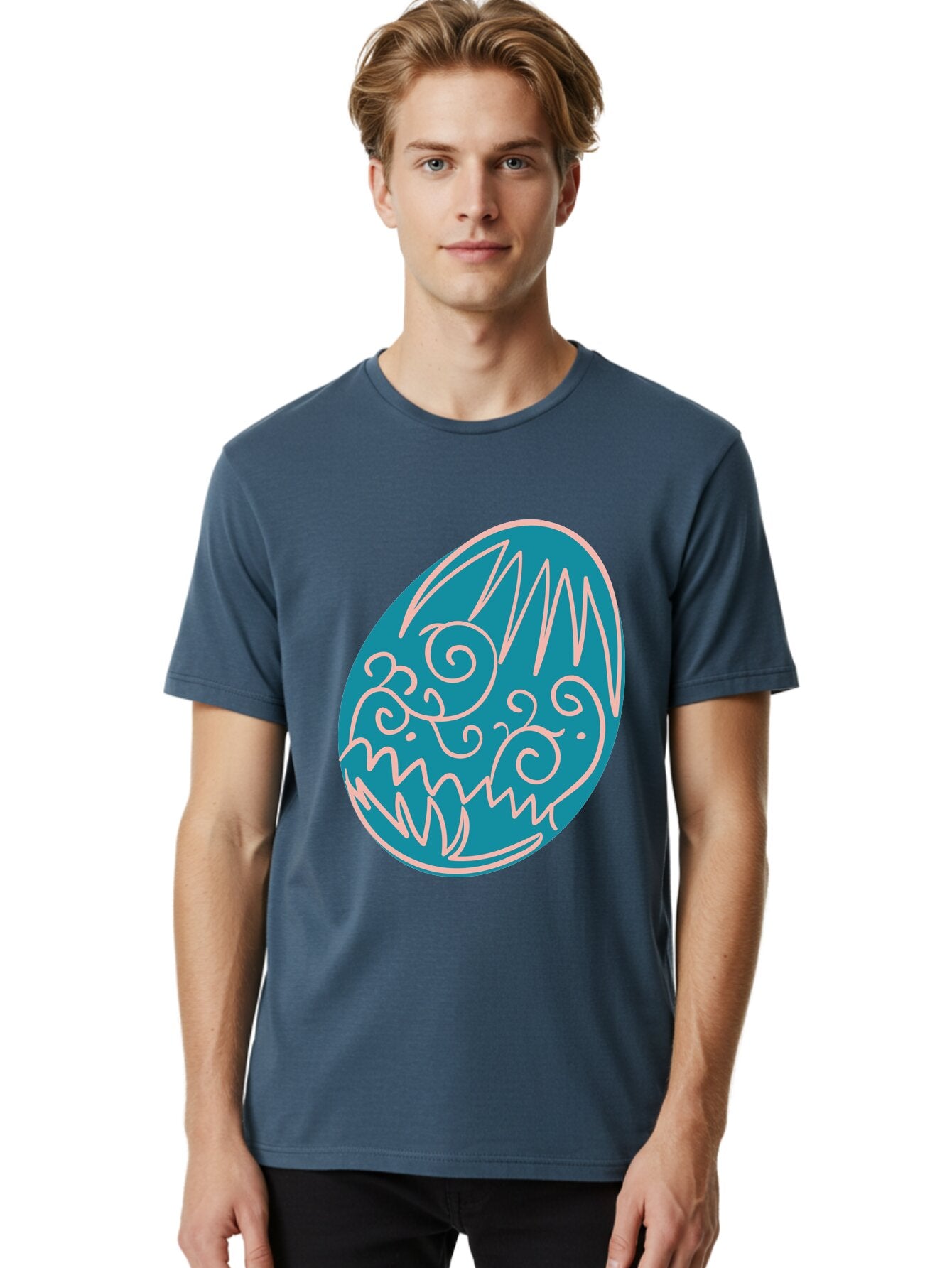 Monster-Egg Men'S Graphic Tee, 100% Cotton, Comfortable Casual Summer Wear, Machine Washable, Monster Face, Easter Egg, Blue Egg, White Outline, Playful Design, Cartoon Style, Abstract Art, Creative Illustration, Fantasy Creature, Aad020 18
