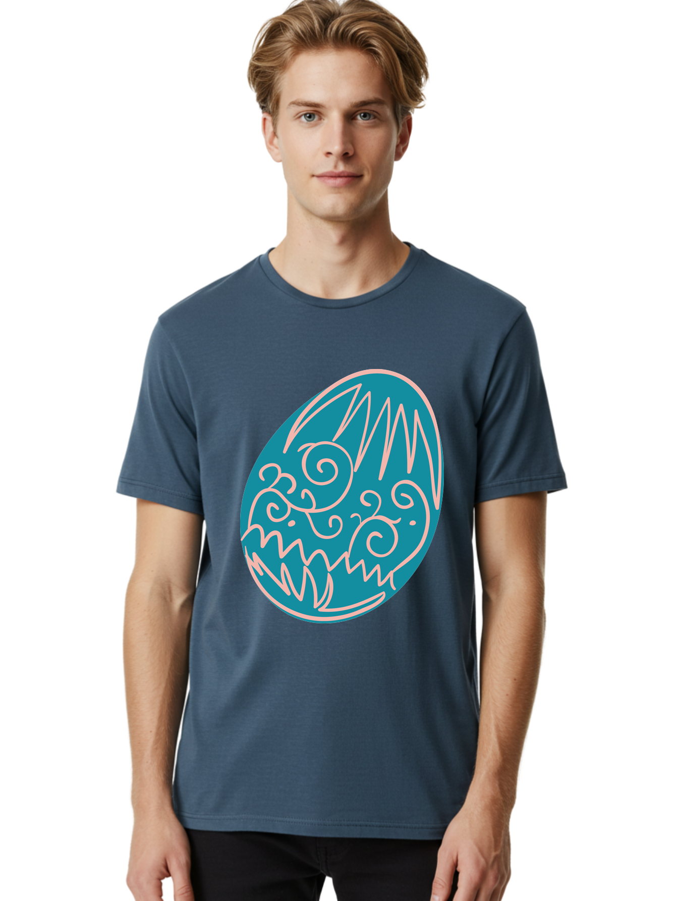 Monster-Egg Men'S Graphic Tee, 100% Cotton, Comfortable Casual Summer Wear, Machine Washable, Monster Face, Easter Egg, Blue Egg, White Outline, Playful Design, Cartoon Style, Abstract Art, Creative Illustration, Fantasy Creature, Aad020 24