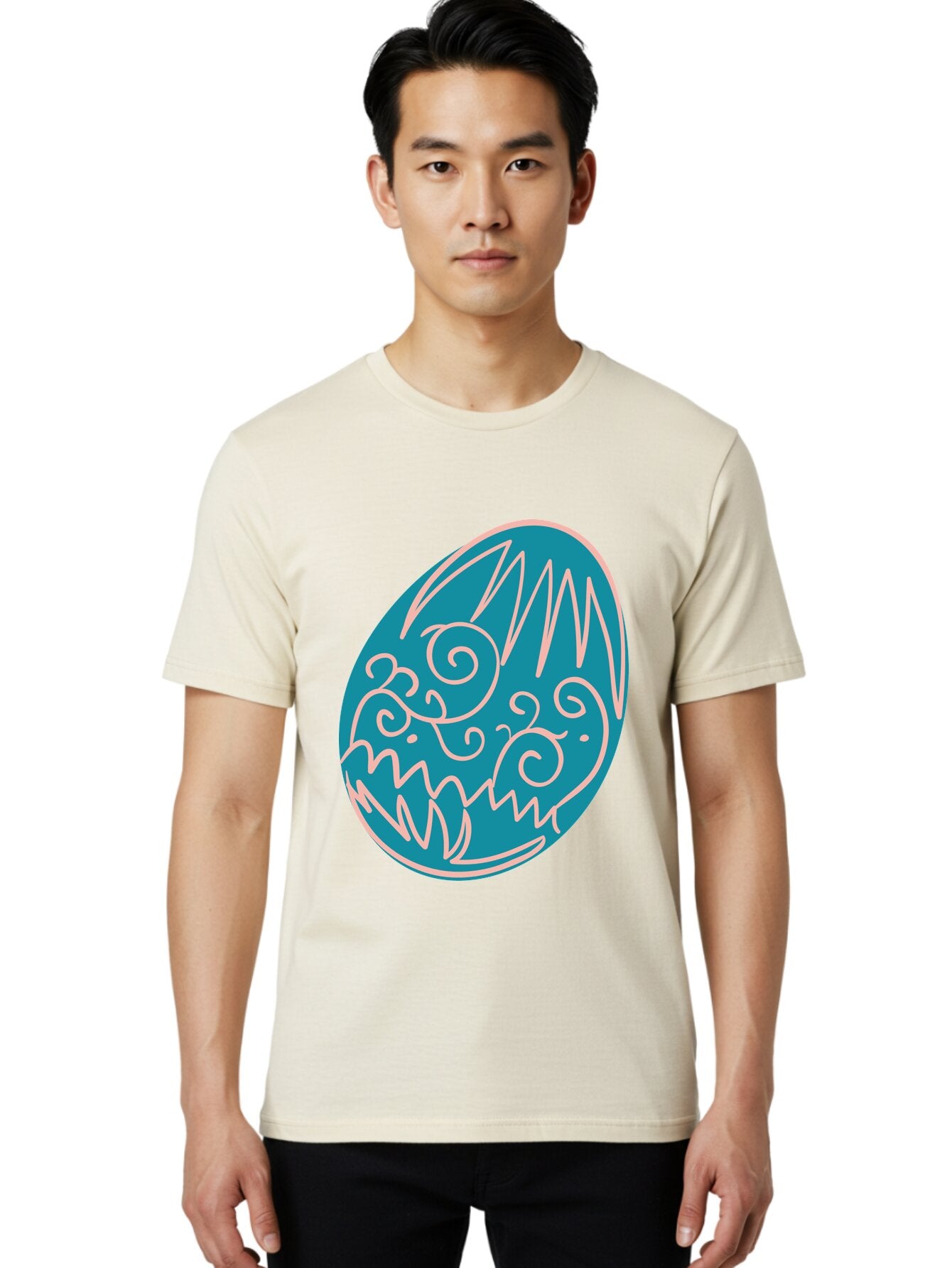 Monster-Egg Men'S Graphic Tee, 100% Cotton, Comfortable Casual Summer Wear, Machine Washable, Monster Face, Easter Egg, Blue Egg, White Outline, Playful Design, Cartoon Style, Abstract Art, Creative Illustration, Fantasy Creature, Aad020 24
