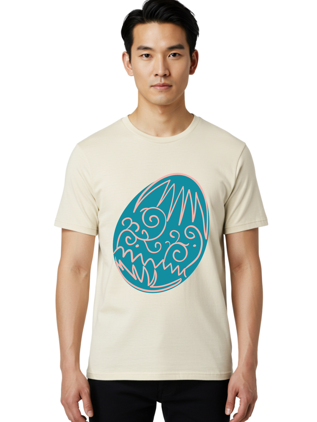 Monster-Egg Men'S Graphic Tee, 100% Cotton, Comfortable Casual Summer Wear, Machine Washable, Monster Face, Easter Egg, Blue Egg, White Outline, Playful Design, Cartoon Style, Abstract Art, Creative Illustration, Fantasy Creature, Aad020 14