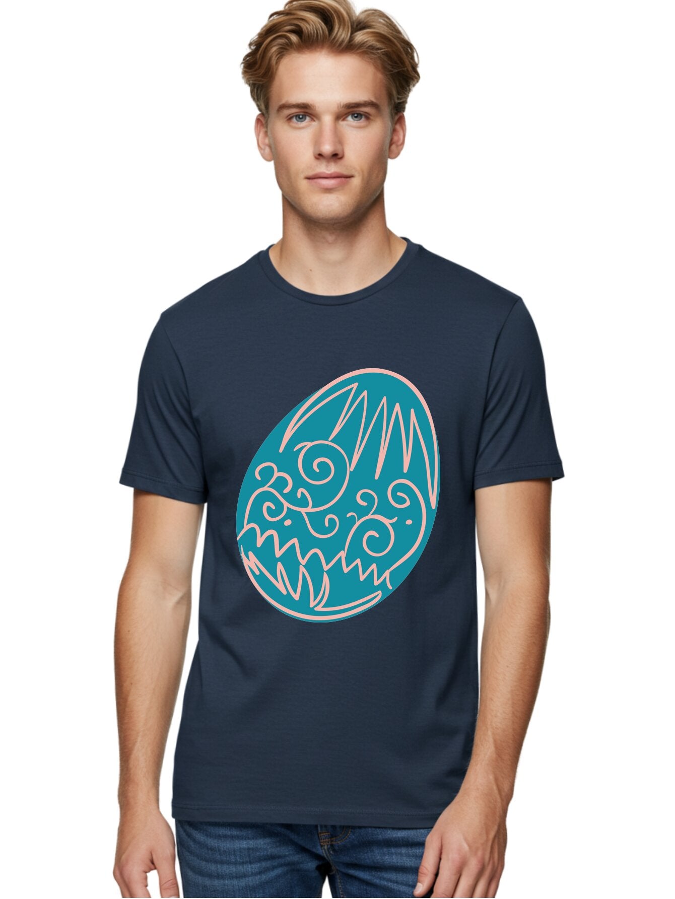 Monster-Egg Men'S Graphic Tee, 100% Cotton, Comfortable Casual Summer Wear, Machine Washable, Monster Face, Easter Egg, Blue Egg, White Outline, Playful Design, Cartoon Style, Abstract Art, Creative Illustration, Fantasy Creature, Aad020 25