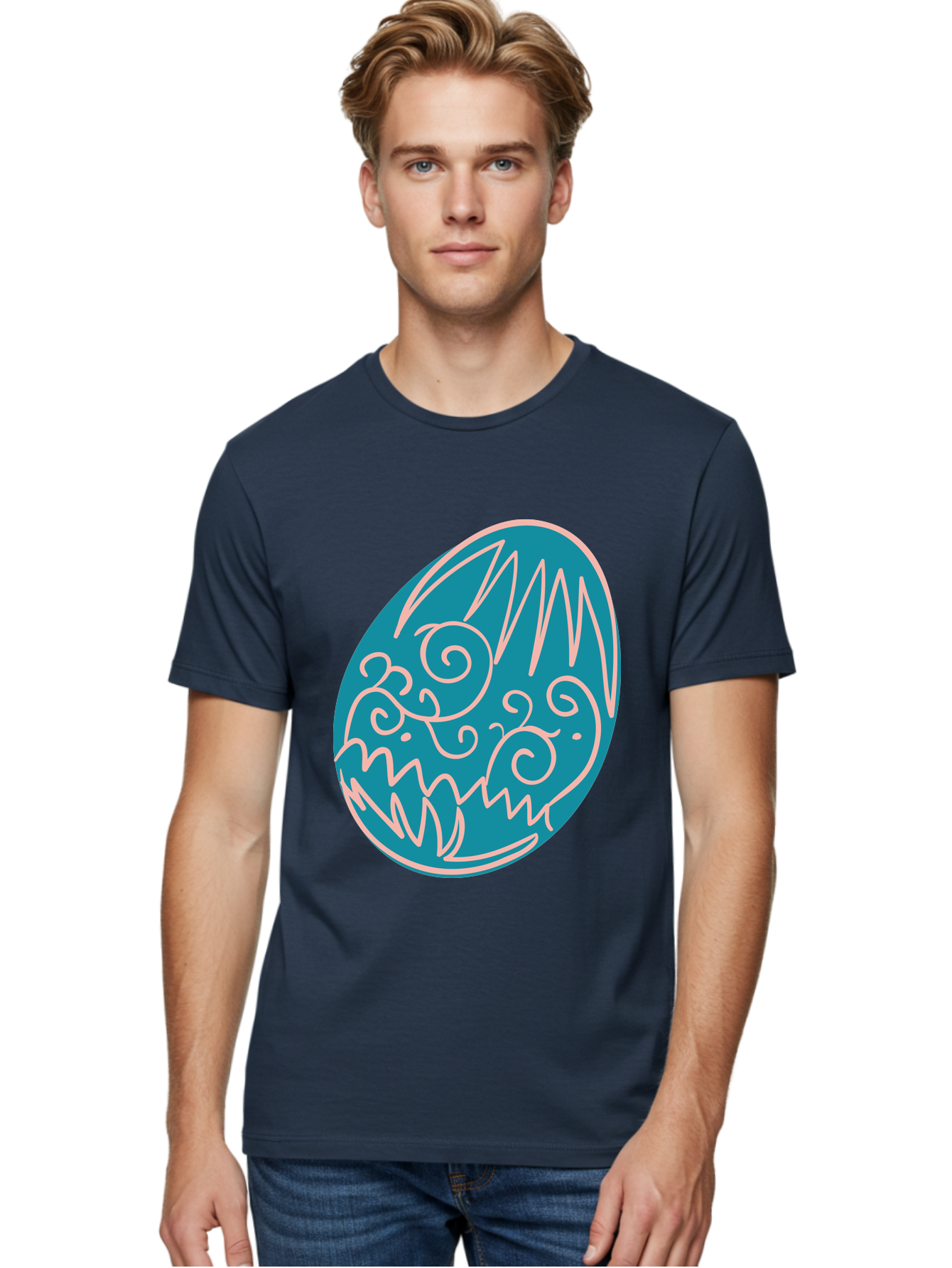 Monster-Egg Men'S Graphic Tee, 100% Cotton, Comfortable Casual Summer Wear, Machine Washable, Monster Face, Easter Egg, Blue Egg, White Outline, Playful Design, Cartoon Style, Abstract Art, Creative Illustration, Fantasy Creature, Aad020 12
