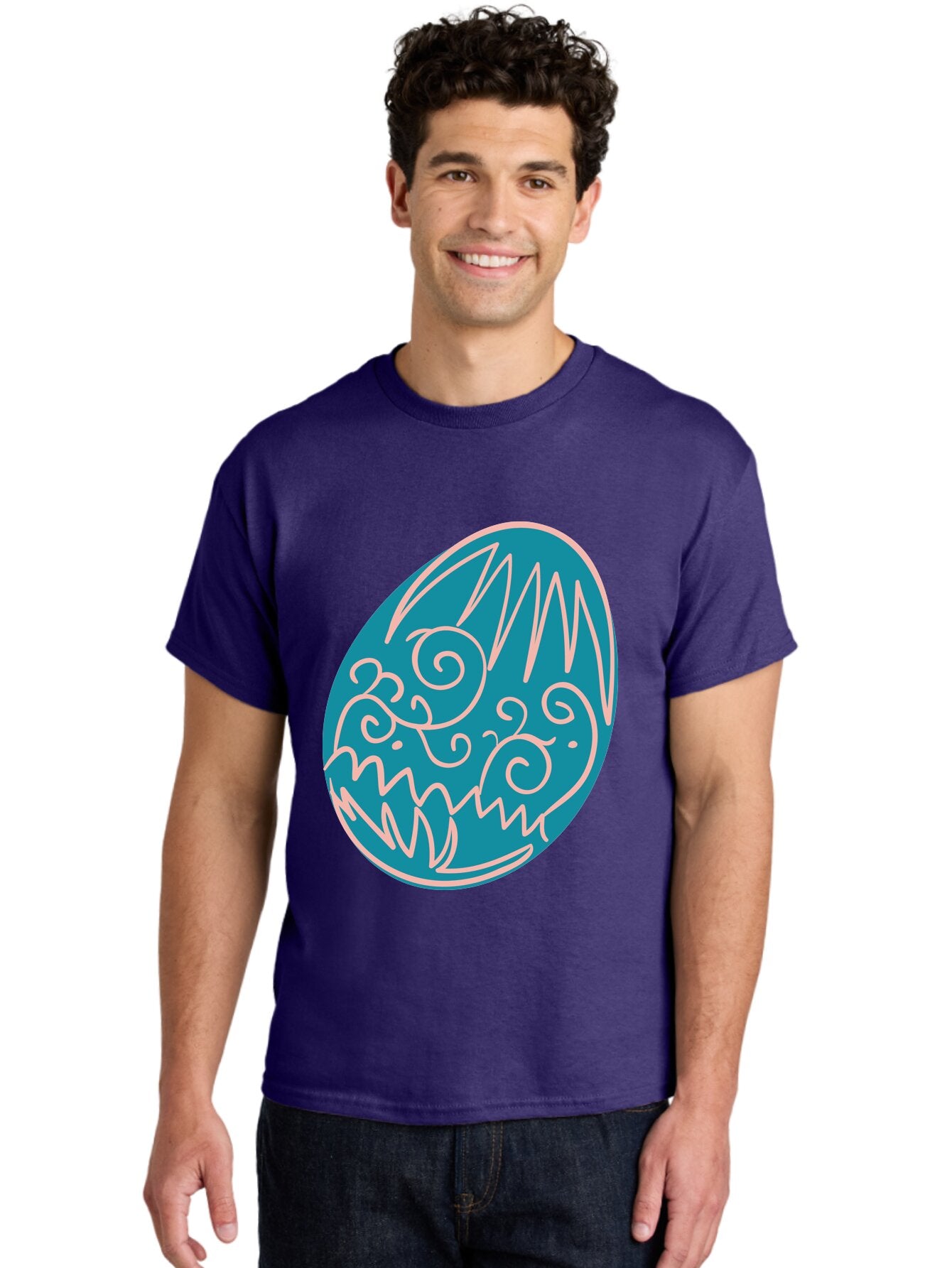 Monster-Egg Men'S Graphic Tee, 100% Cotton, Comfortable Casual Summer Wear, Machine Washable, Monster Face, Easter Egg, Blue Egg, White Outline, Playful Design, Cartoon Style, Abstract Art, Creative Illustration, Fantasy Creature, Aad020 22