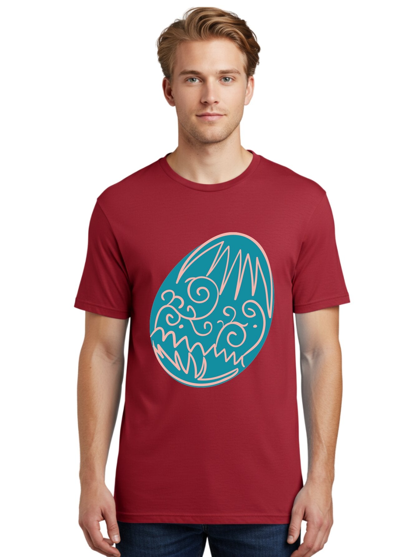 Monster-Egg Men'S Graphic Tee, 100% Cotton, Comfortable Casual Summer Wear, Machine Washable, Monster Face, Easter Egg, Blue Egg, White Outline, Playful Design, Cartoon Style, Abstract Art, Creative Illustration, Fantasy Creature, Aad020 20