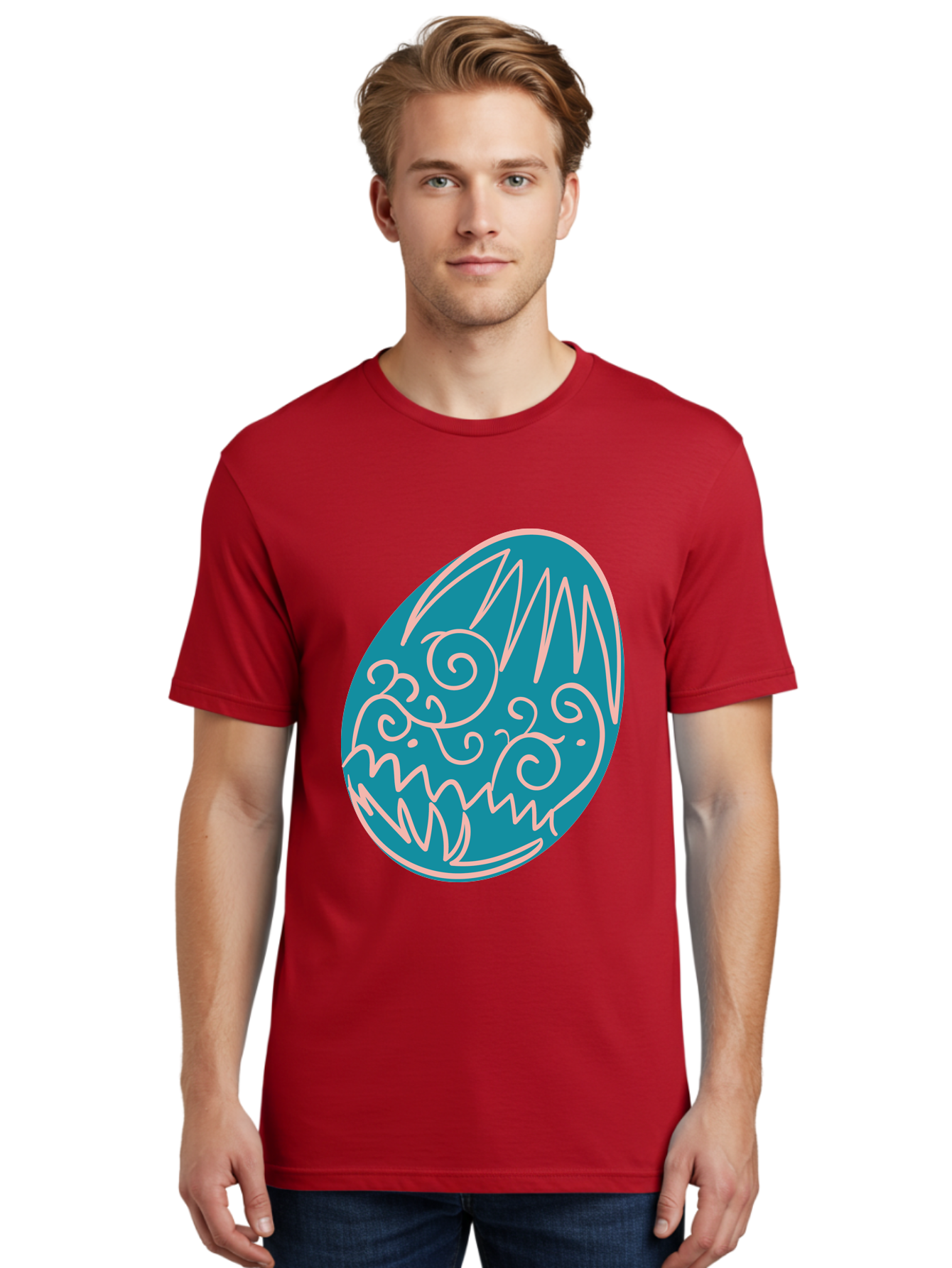 Monster-Egg Men'S Graphic Tee, 100% Cotton, Comfortable Casual Summer Wear, Machine Washable, Monster Face, Easter Egg, Blue Egg, White Outline, Playful Design, Cartoon Style, Abstract Art, Creative Illustration, Fantasy Creature, Aad020 30