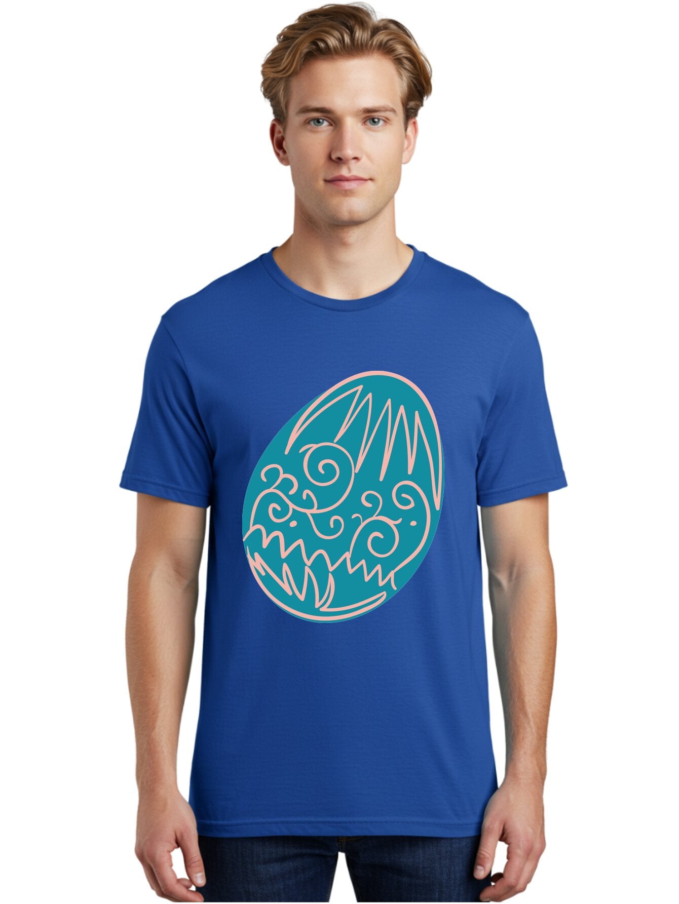 Monster-Egg Men'S Graphic Tee, 100% Cotton, Comfortable Casual Summer Wear, Machine Washable, Monster Face, Easter Egg, Blue Egg, White Outline, Playful Design, Cartoon Style, Abstract Art, Creative Illustration, Fantasy Creature, Aad020 17