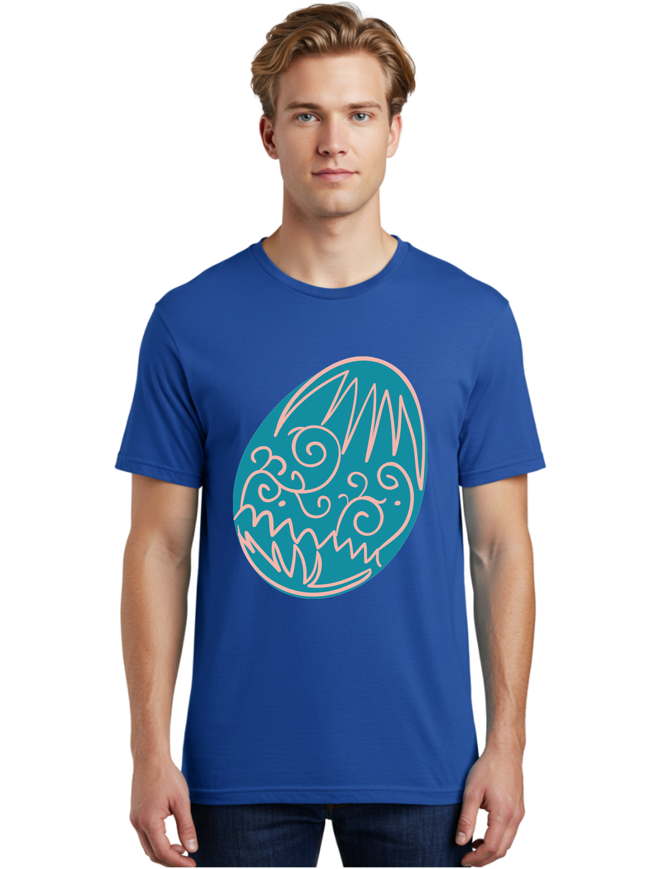 Monster-Egg Men'S Graphic Tee, 100% Cotton, Comfortable Casual Summer Wear, Machine Washable, Monster Face, Easter Egg, Blue Egg, White Outline, Playful Design, Cartoon Style, Abstract Art, Creative Illustration, Fantasy Creature, Aad020 28