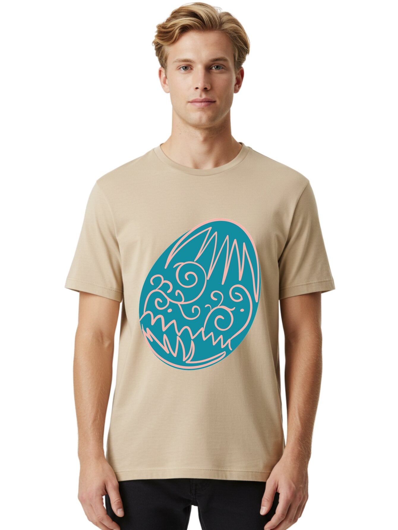 Monster-Egg Men'S Graphic Tee, 100% Cotton, Comfortable Casual Summer Wear, Machine Washable, Monster Face, Easter Egg, Blue Egg, White Outline, Playful Design, Cartoon Style, Abstract Art, Creative Illustration, Fantasy Creature, Aad020 30