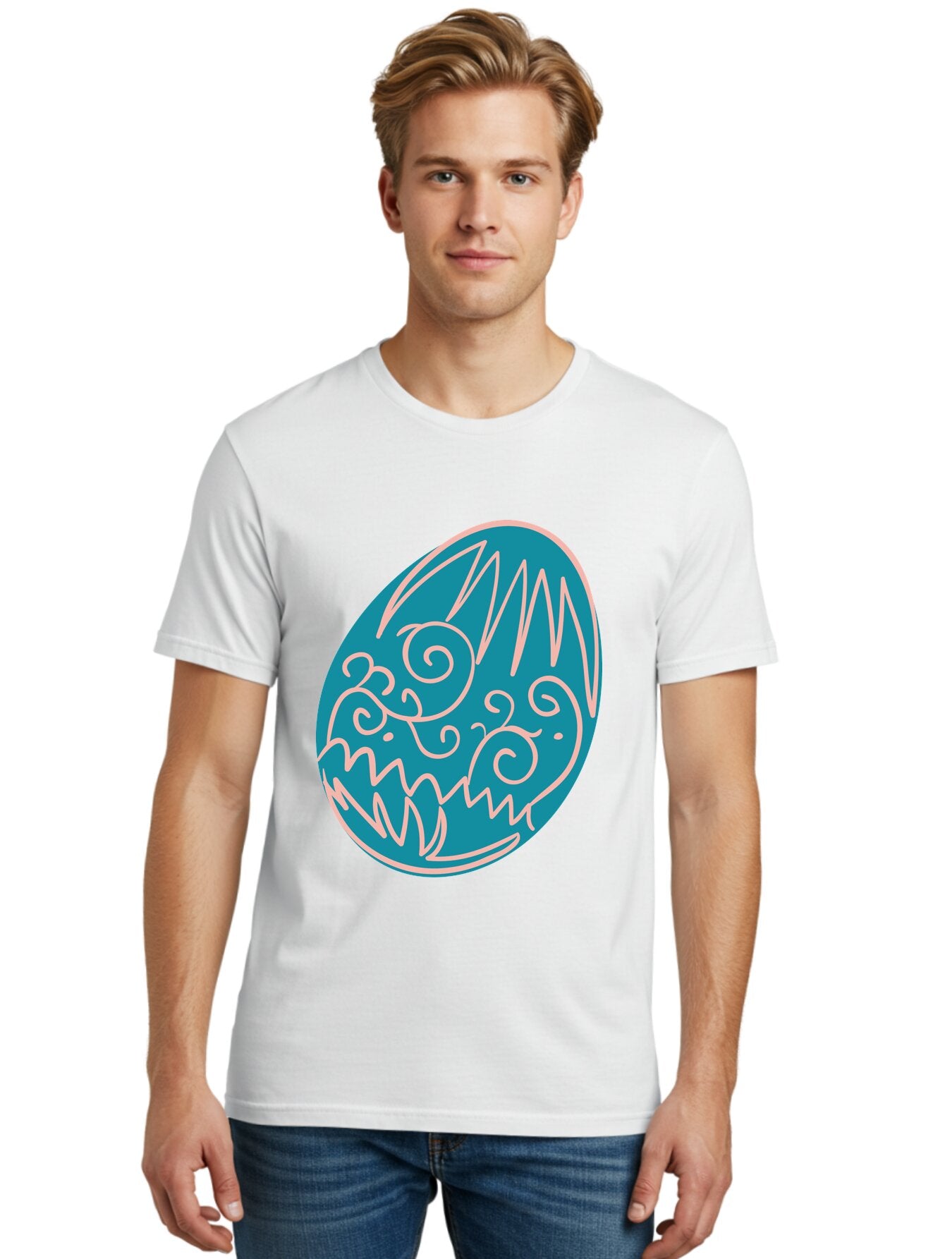 Monster-Egg Men'S Graphic Tee, 100% Cotton, Comfortable Casual Summer Wear, Machine Washable, Monster Face, Easter Egg, Blue Egg, White Outline, Playful Design, Cartoon Style, Abstract Art, Creative Illustration, Fantasy Creature, Aad020 27