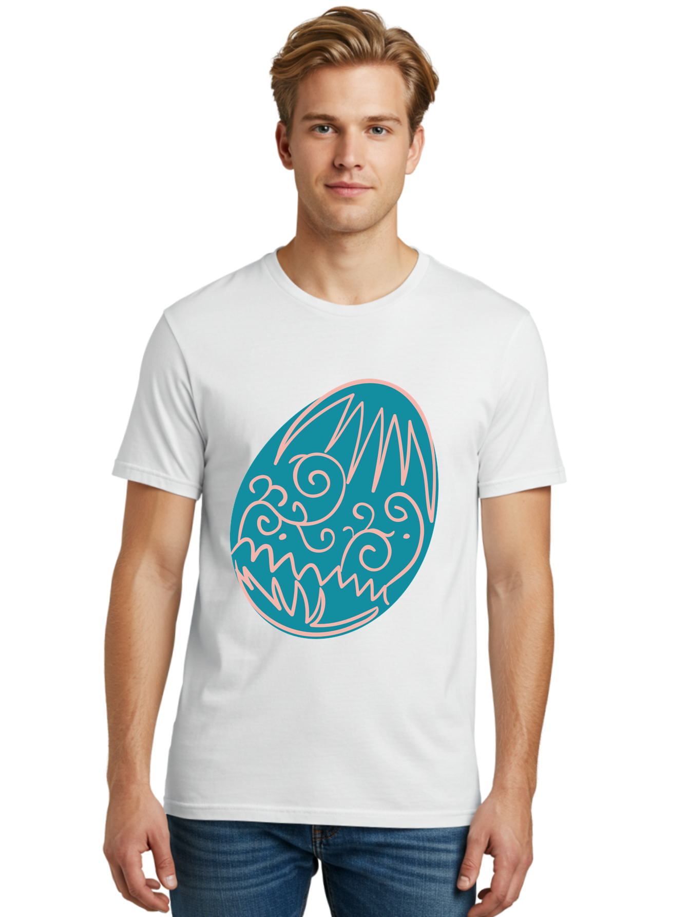 Monster-Egg Men'S Graphic Tee, 100% Cotton, Comfortable Casual Summer Wear, Machine Washable, Monster Face, Easter Egg, Blue Egg, White Outline, Playful Design, Cartoon Style, Abstract Art, Creative Illustration, Fantasy Creature, Aad020 8