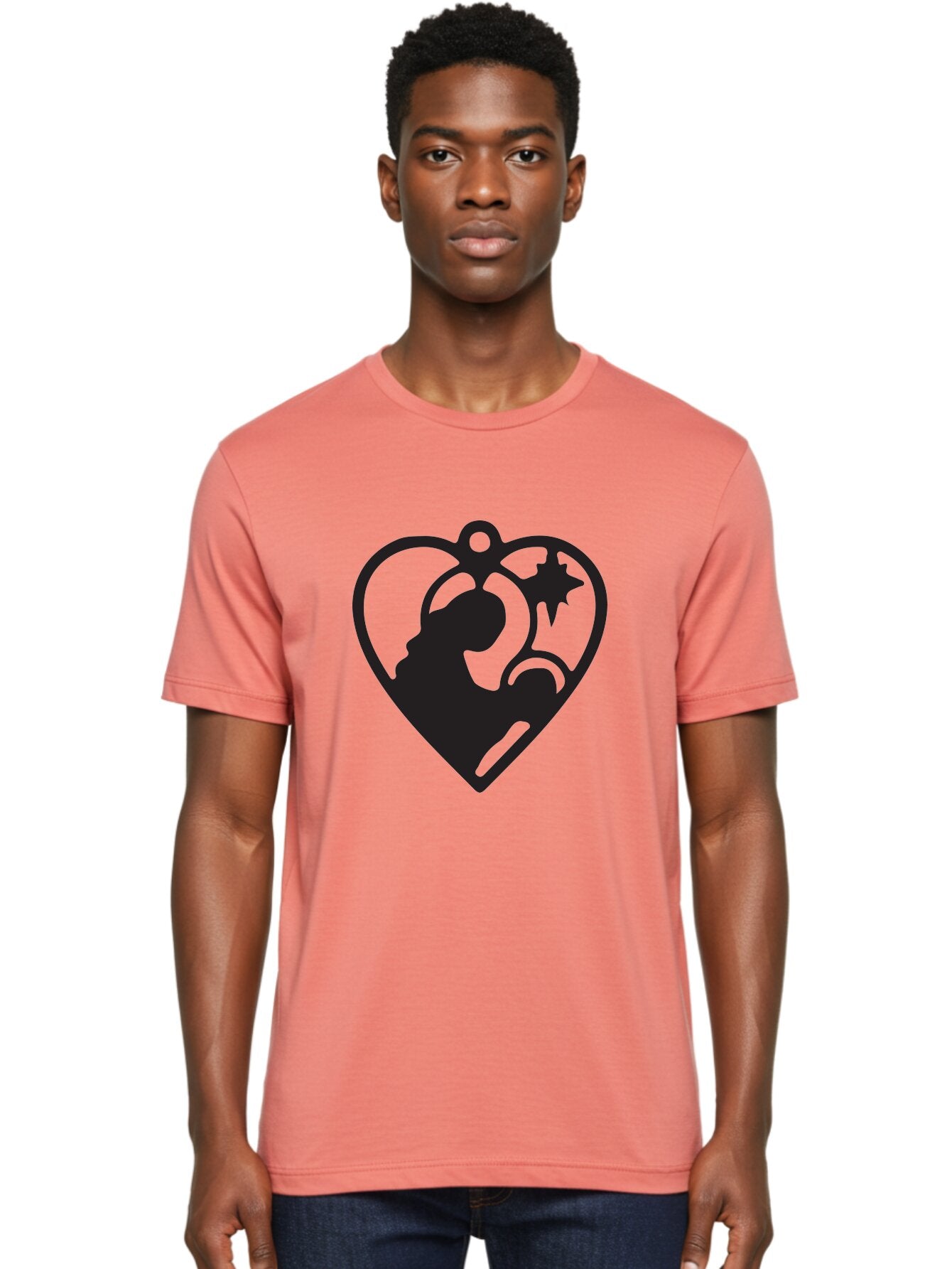Mother-And-Child Men'S Graphic Tee, 100% Cotton, Comfortable Casual Summer Wear, Machine Washable, Mother And Child Silhouette, Heart-Shaped Ornament, Love Symbol, Family Bond, Nurturing Moment, Star And Crescent Moon Aad021 20