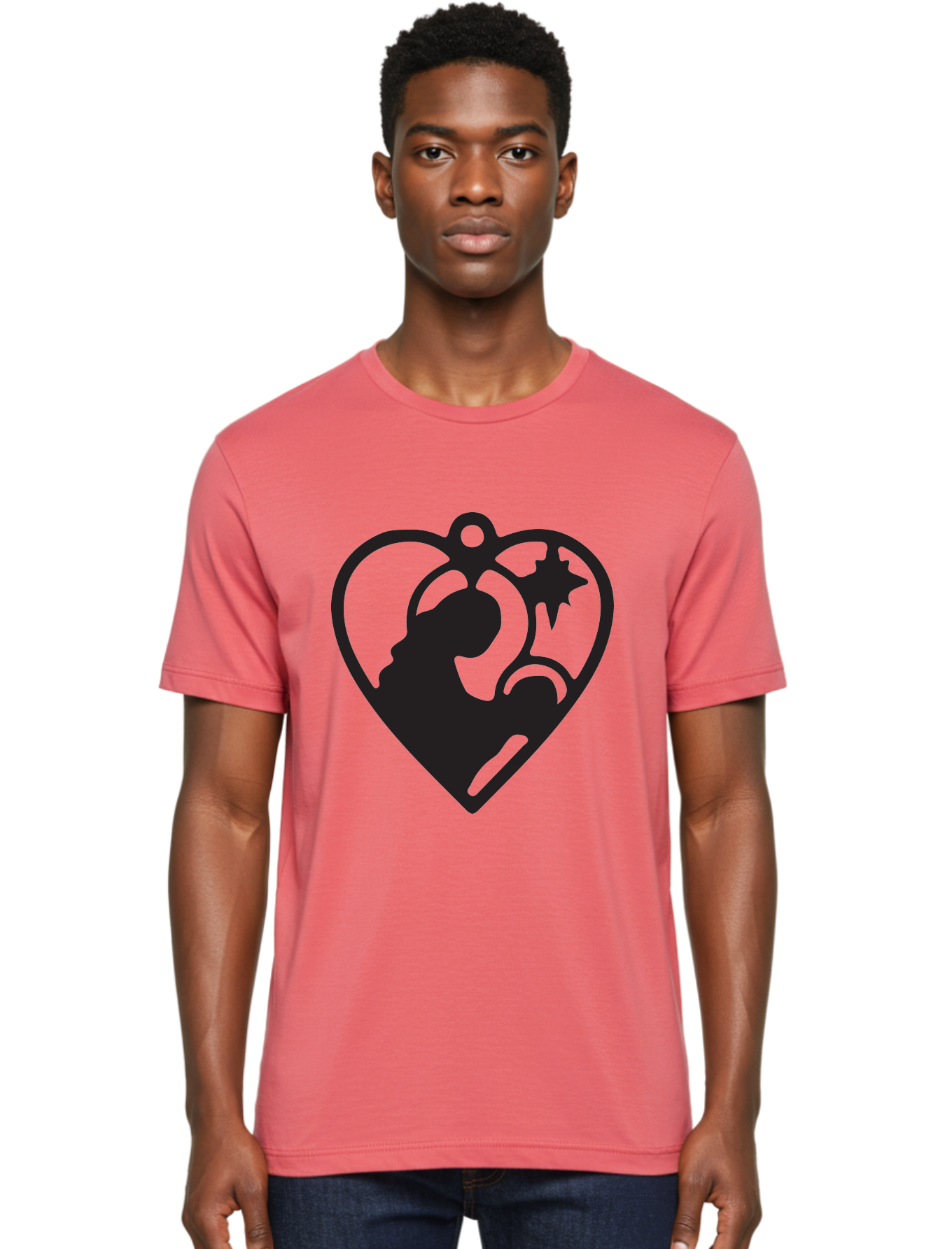 Mother-And-Child Men'S Graphic Tee, 100% Cotton, Comfortable Casual Summer Wear, Machine Washable, Mother And Child Silhouette, Heart-Shaped Ornament, Love Symbol, Family Bond, Nurturing Moment, Star And Crescent Moon Aad021 30