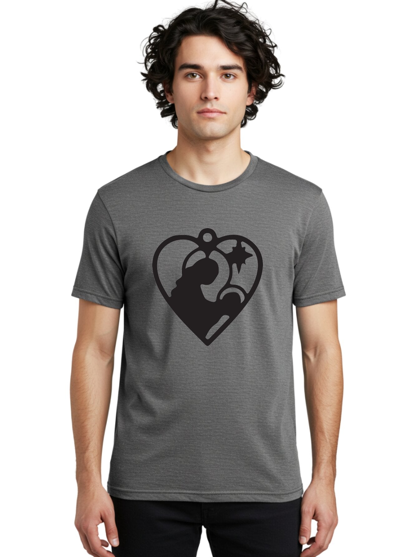 Mother-And-Child Men'S Graphic Tee, 100% Cotton, Comfortable Casual Summer Wear, Machine Washable, Mother And Child Silhouette, Heart-Shaped Ornament, Love Symbol, Family Bond, Nurturing Moment, Star And Crescent Moon Aad021 19