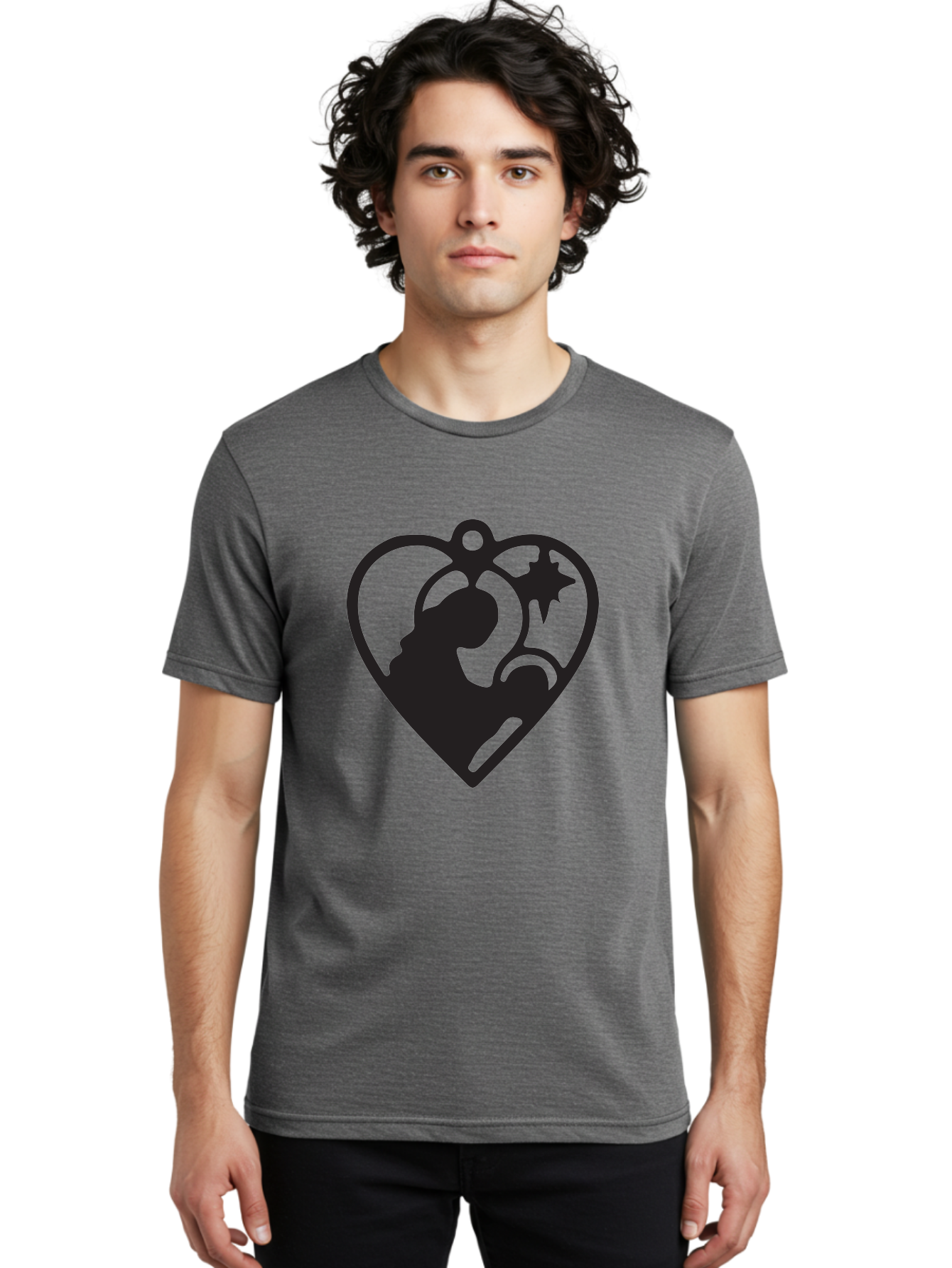 Mother-And-Child Men'S Graphic Tee, 100% Cotton, Comfortable Casual Summer Wear, Machine Washable, Mother And Child Silhouette, Heart-Shaped Ornament, Love Symbol, Family Bond, Nurturing Moment, Star And Crescent Moon Aad021 22