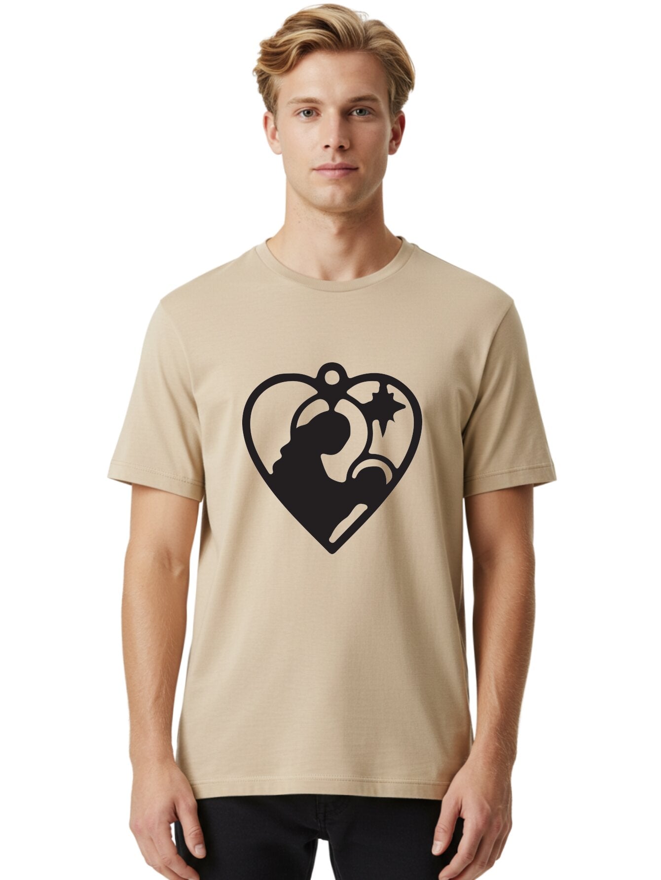 Mother-And-Child Men'S Graphic Tee, 100% Cotton, Comfortable Casual Summer Wear, Machine Washable, Mother And Child Silhouette, Heart-Shaped Ornament, Love Symbol, Family Bond, Nurturing Moment, Star And Crescent Moon Aad021 30