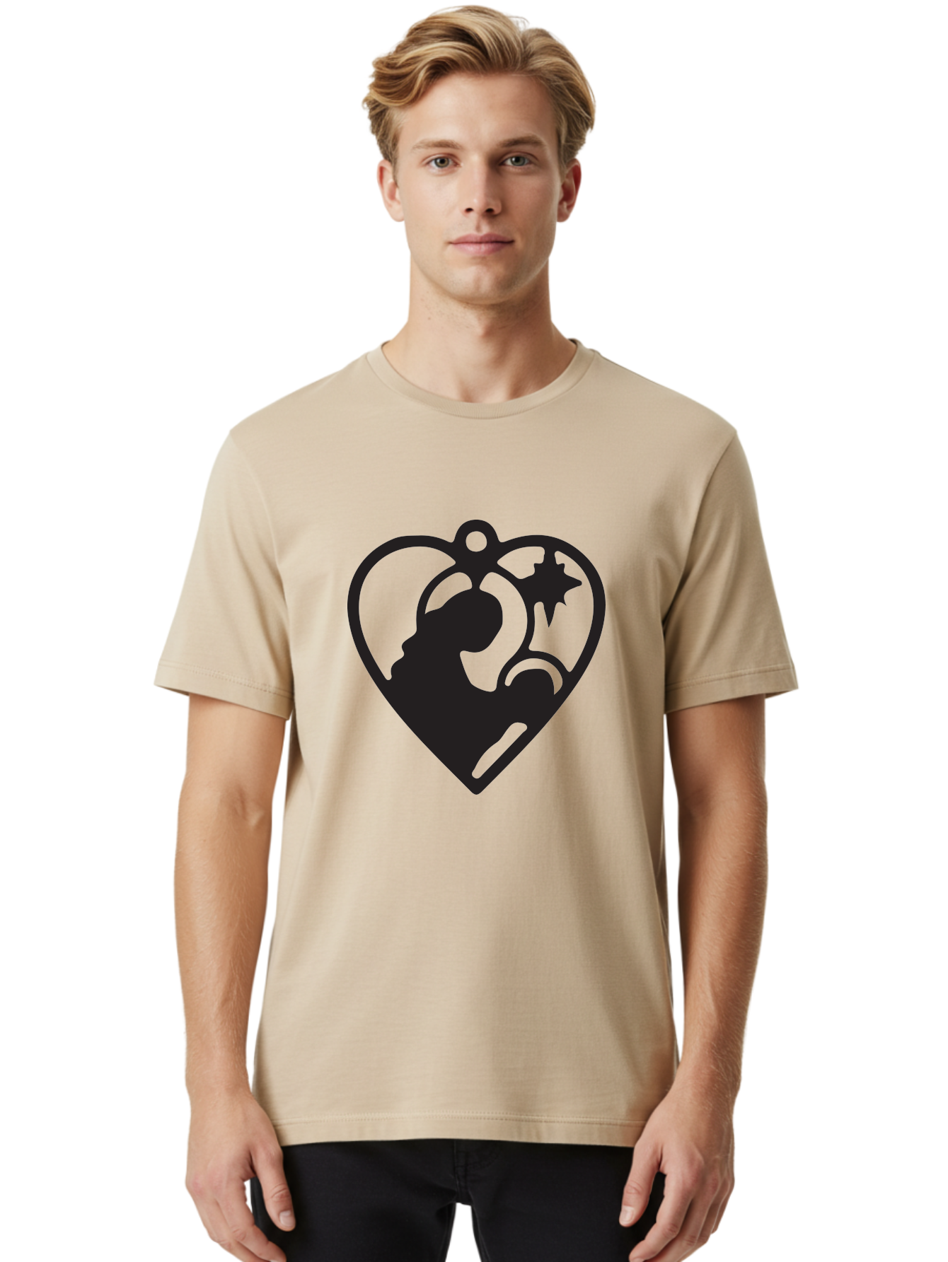 Mother-And-Child Men'S Graphic Tee, 100% Cotton, Comfortable Casual Summer Wear, Machine Washable, Mother And Child Silhouette, Heart-Shaped Ornament, Love Symbol, Family Bond, Nurturing Moment, Star And Crescent Moon Aad021