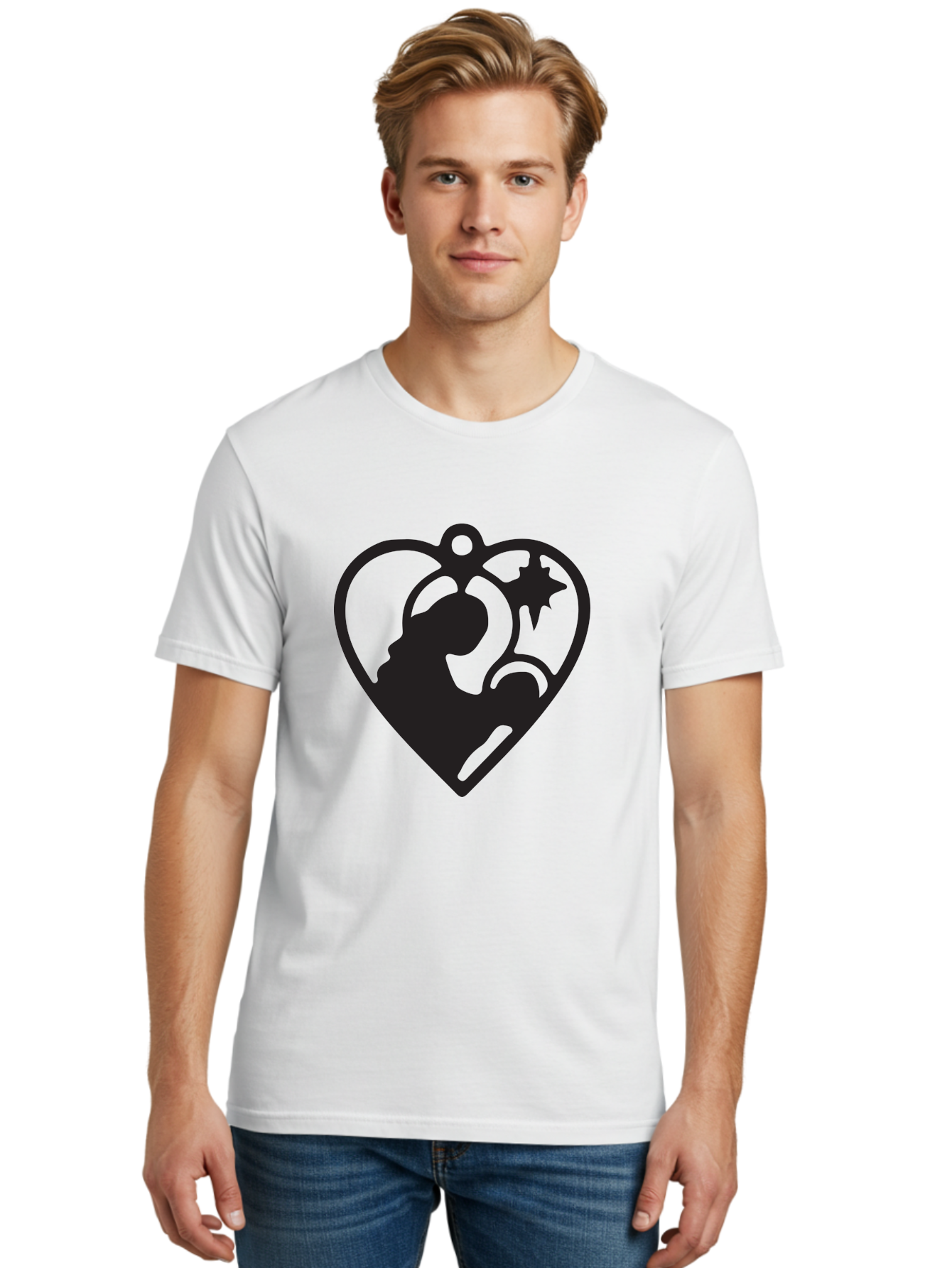 Mother-And-Child Men'S Graphic Tee, 100% Cotton, Comfortable Casual Summer Wear, Machine Washable, Mother And Child Silhouette, Heart-Shaped Ornament, Love Symbol, Family Bond, Nurturing Moment, Star And Crescent Moon Aad021 24