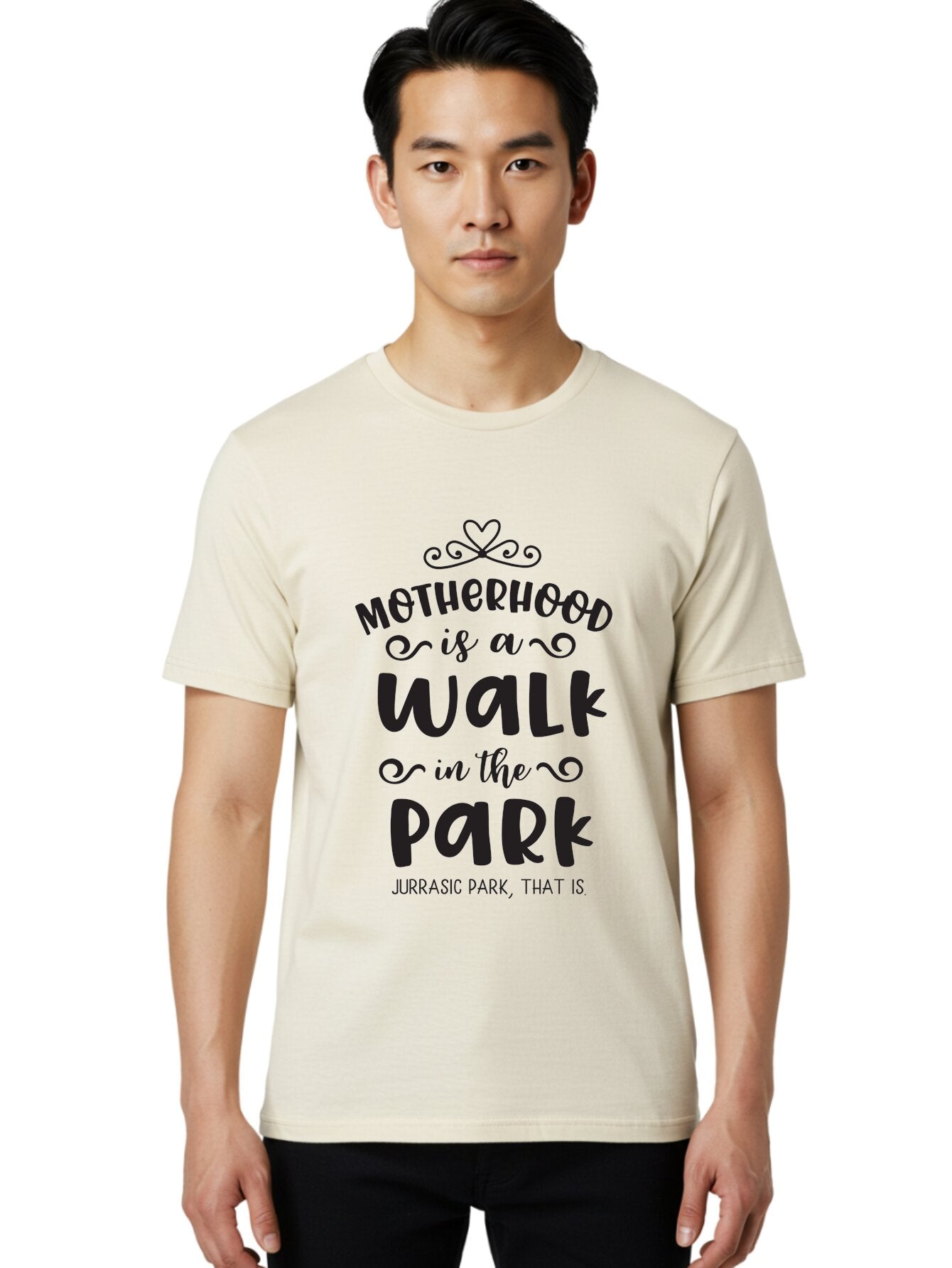 Motherhood-Is-A-Walk-In-Jurassic-Park Men'S Graphic Tee, 100% Cotton, Comfortable Casual Summer Wear, Machine Washable, Funny Motherhood Quote, Humorous Parenting Phrase, Jurassic Park Reference, Playful Mom Joke, Parenting Humor, Mom Life, Aad027 28