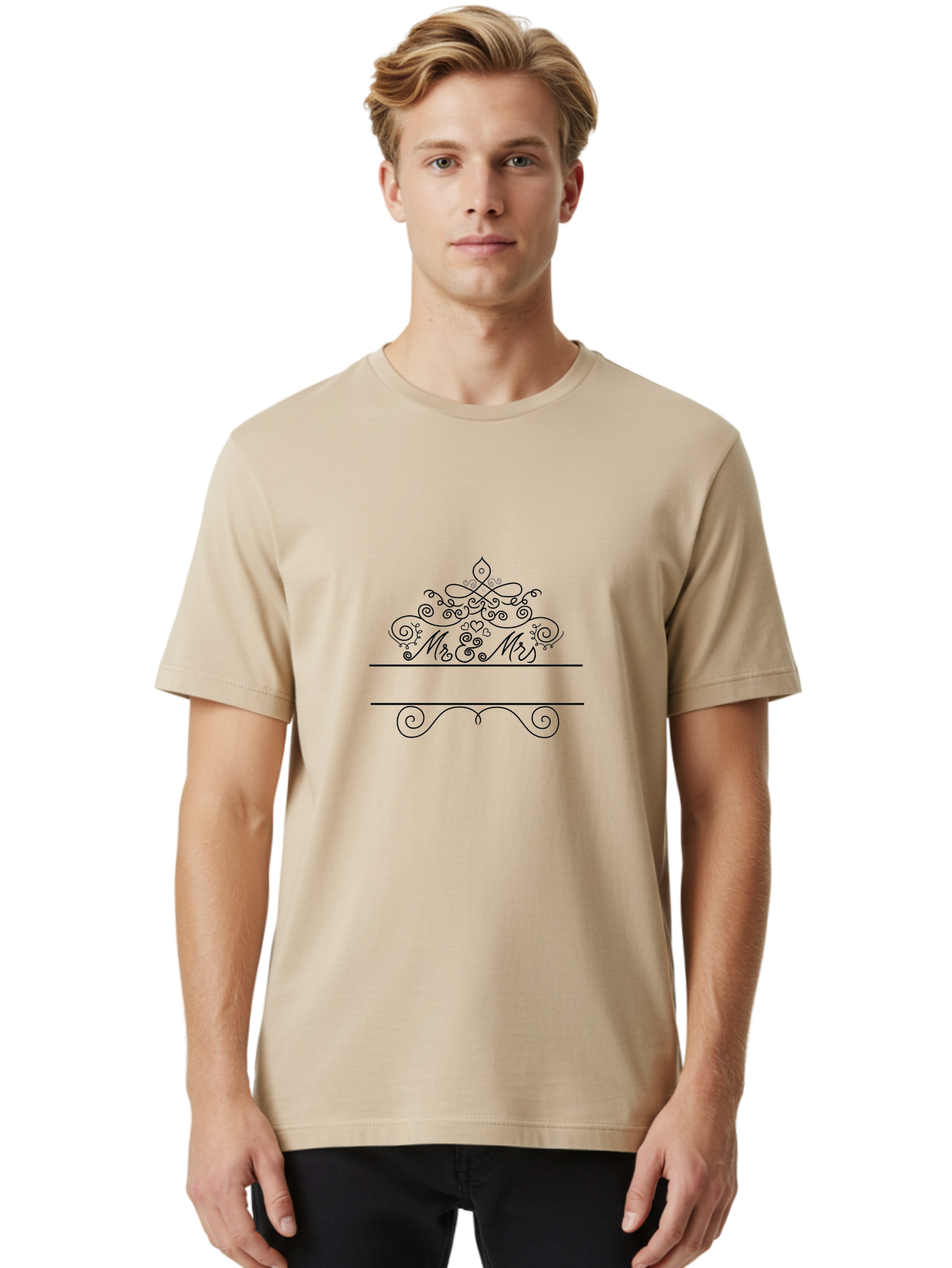 Mr-Mrs Men'S Graphic Tee, 100% Cotton, Comfortable Casual Summer Wear, Machine Washable, Wedding Invitation, Couple'S Love, Mr & Mrs, Elegant Design, Ornate Tiara, Swirling Patterns, Heart Motifs, Luxury Wedding, Black Line Art, Aad031 24