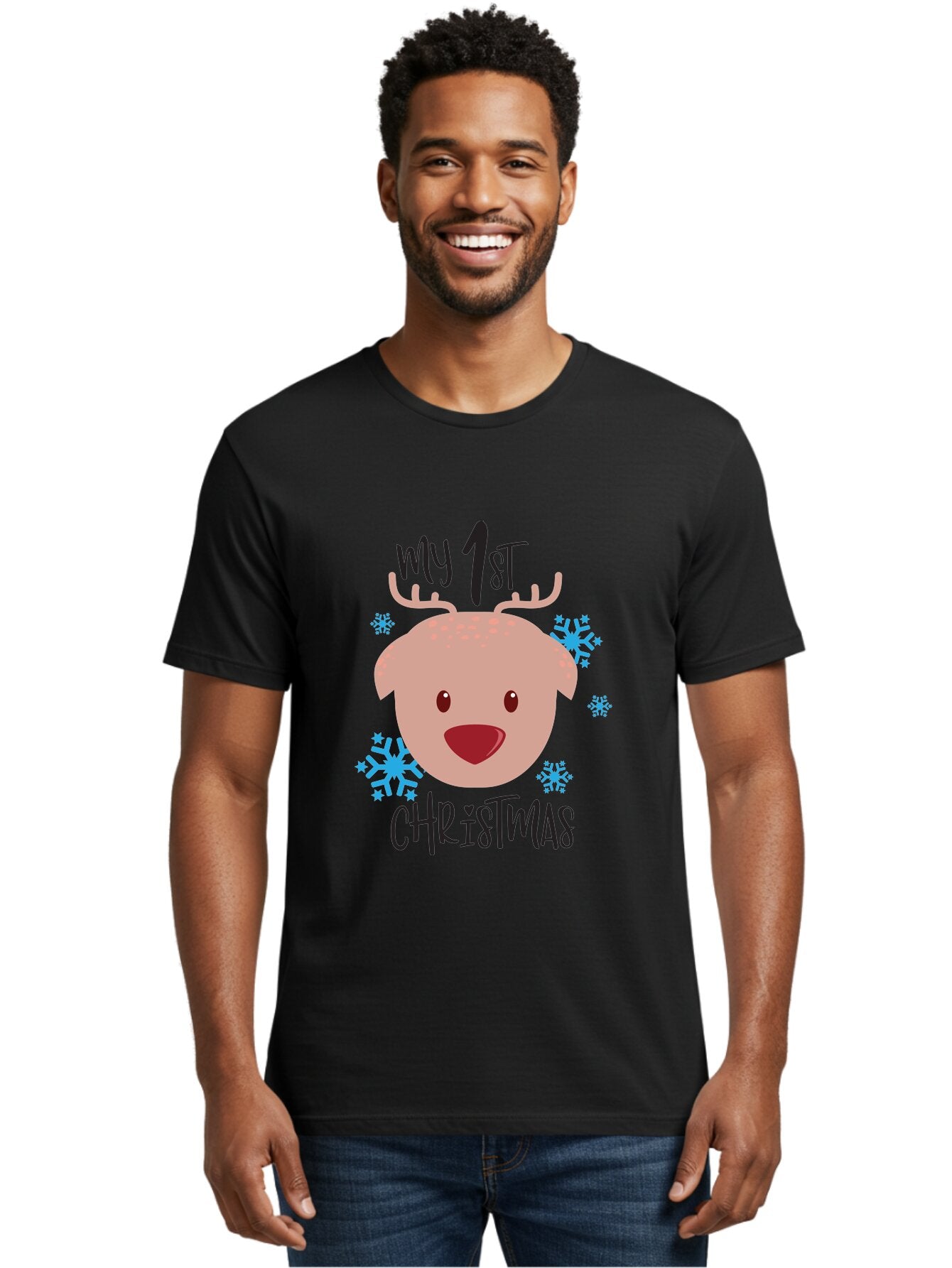 My-1St-Christist Men'S Graphic Tee, 100% Cotton, Comfortable Casual Summer Wear, Machine Washable, Baby'S First Christmas, Festive Illustration, Cute Reindeer Face, Snowflakes, Holiday Design, Winter Wonderland, Joyful Atmosphere, Aad033 17
