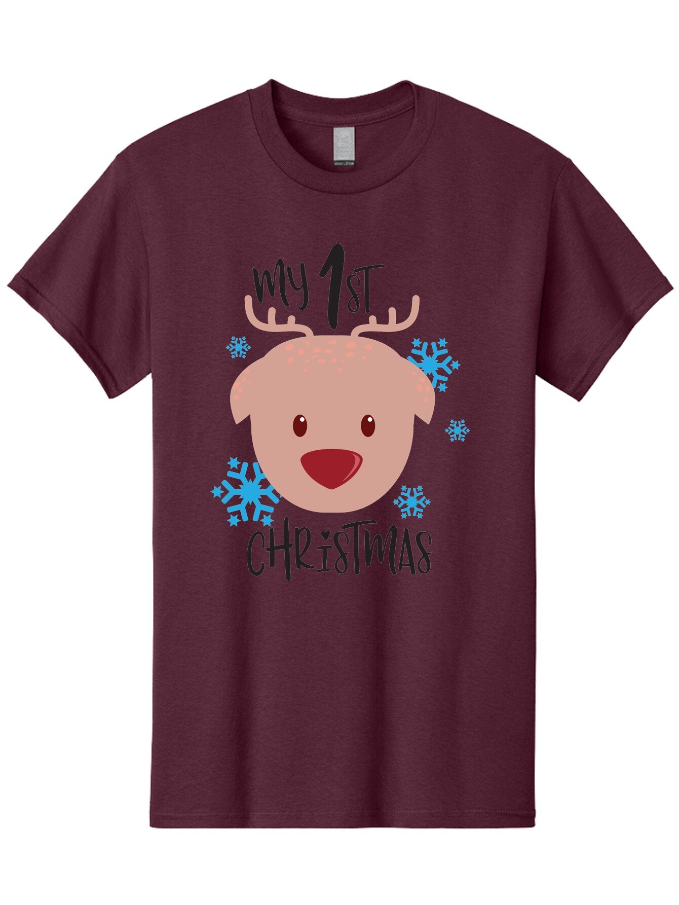 My-1St-Christist Men'S Graphic Tee, 100% Cotton, Comfortable Casual Summer Wear, Machine Washable, Baby'S First Christmas, Festive Illustration, Cute Reindeer Face, Snowflakes, Holiday Design, Winter Wonderland, Joyful Atmosphere, Aad033 3