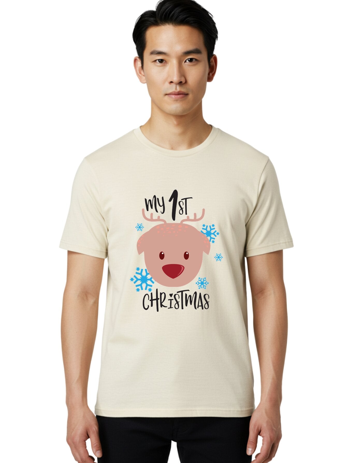 My-1St-Christist Men'S Graphic Tee, 100% Cotton, Comfortable Casual Summer Wear, Machine Washable, Baby'S First Christmas, Festive Illustration, Cute Reindeer Face, Snowflakes, Holiday Design, Winter Wonderland, Joyful Atmosphere, Aad033 25