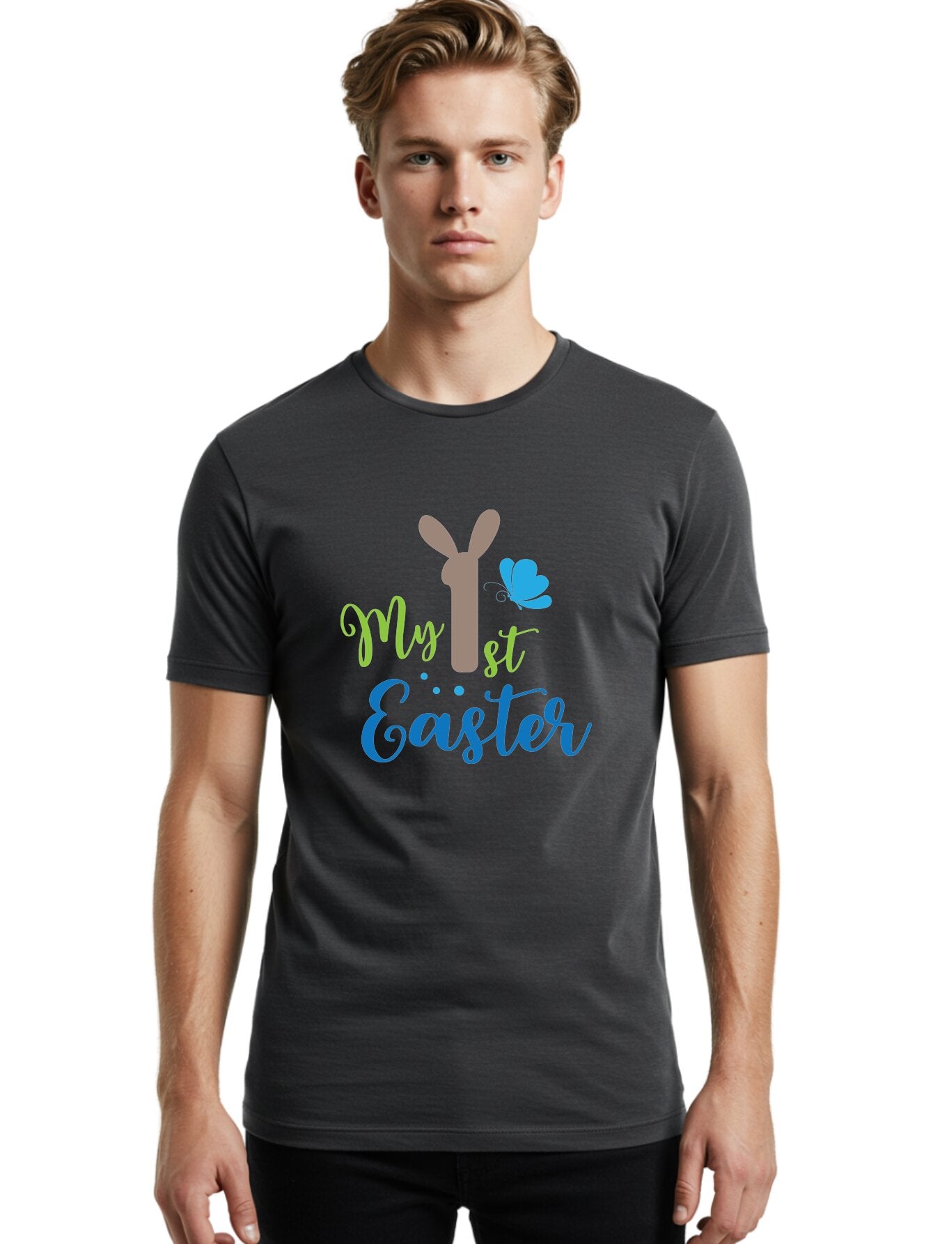 My-1St-Easter Men'S Graphic Tee, 100% Cotton, Comfortable Casual Summer Wear, Machine Washable, Easter Bunny Design, Baby'S First Easter, Easter Celebration, Spring Theme, Childrens Artwork, Cute Graphics, Festive Decorations, Easter Eggs, Aad034 21