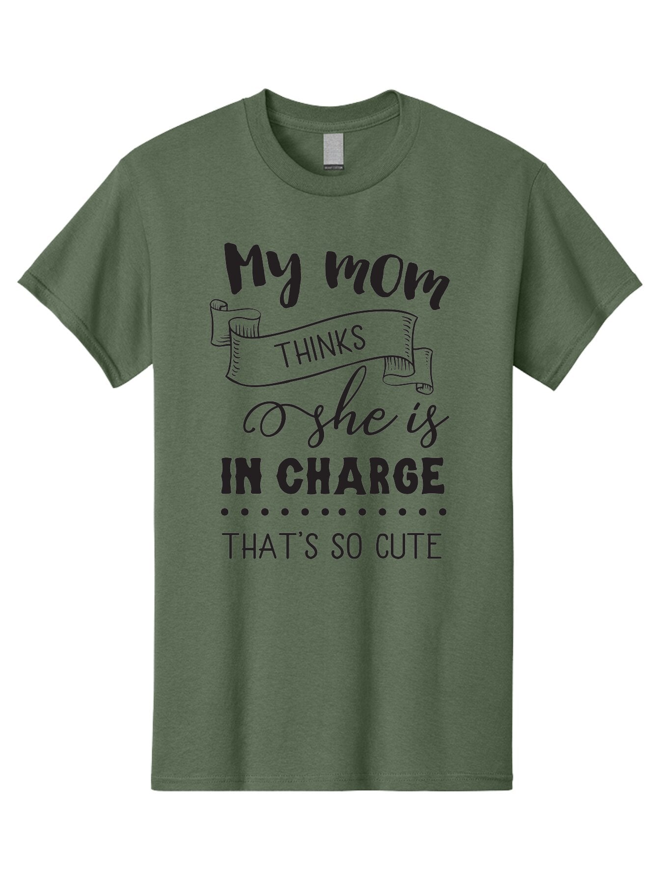 My-Mom-Thinks-She-Is-In-Charge Men'S Graphic Tee, 100% Cotton, Comfortable Casual Summer Wear, Machine Washable, Funny Quote, Humorous Saying, Mom Joke, Parenting Humor, Cute Phrase, Playful Design, Witty Saying, Mom Life, Sarcastic Humor Aad044