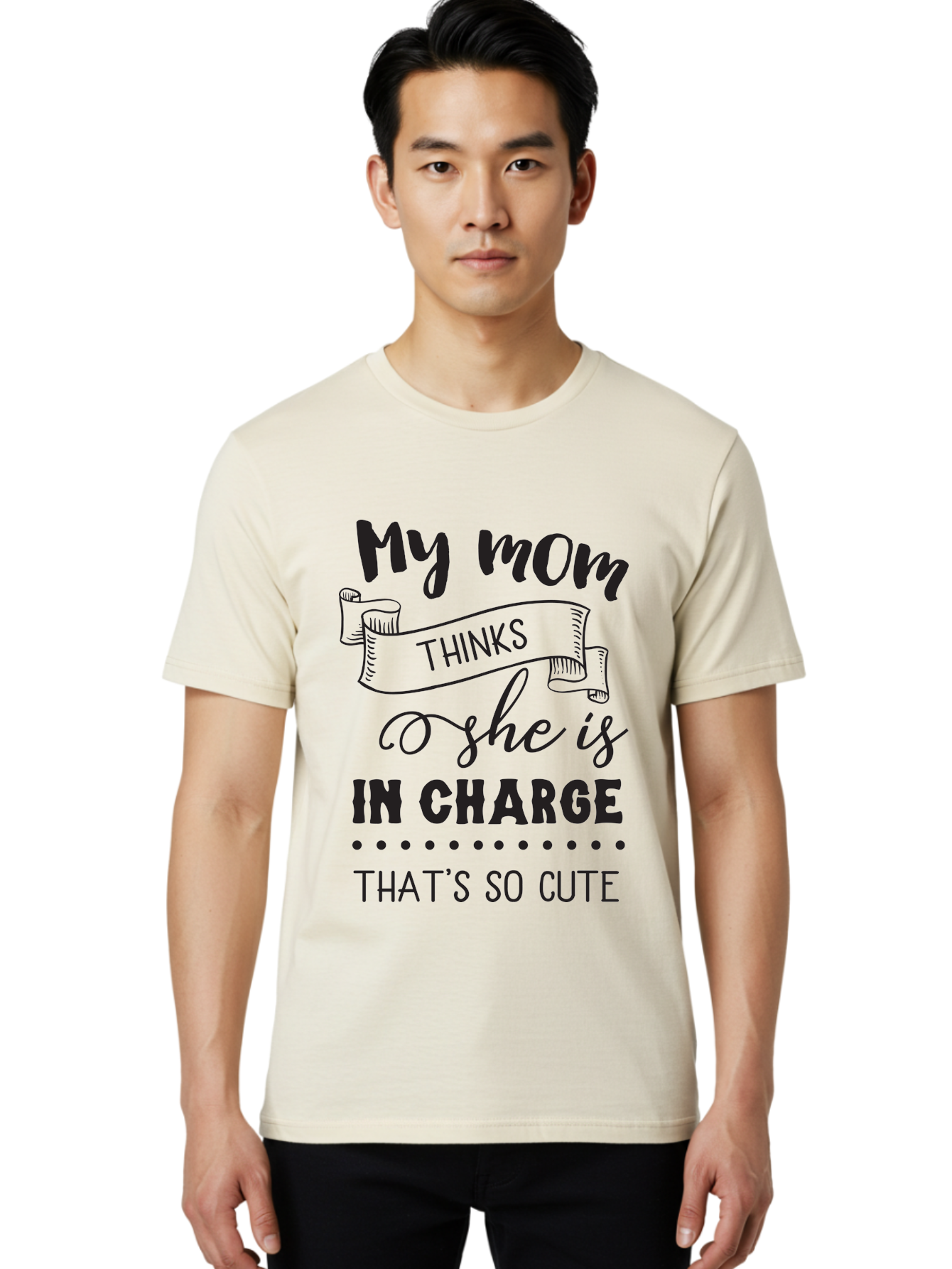 My-Mom-Thinks-She-Is-In-Charge Men'S Graphic Tee, 100% Cotton, Comfortable Casual Summer Wear, Machine Washable, Funny Quote, Humorous Saying, Mom Joke, Parenting Humor, Cute Phrase, Playful Design, Witty Saying, Mom Life, Sarcastic Humor Aad044