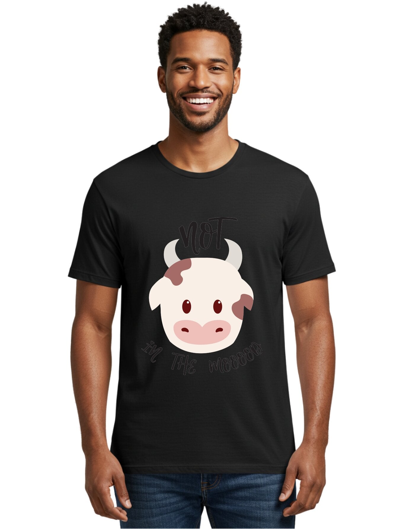 Not-In-The-Mood-Cow Men'S Graphic Tee, 100% Cotton, Comfortable Casual Summer Wear, Machine Washable, Cartoon Cow Face, Funny Cow Illustration, Cow Meme, Cow Humor, Cow Graphics, Animal Graphics, Quirky Illustration, Humorous Art Aad060 17