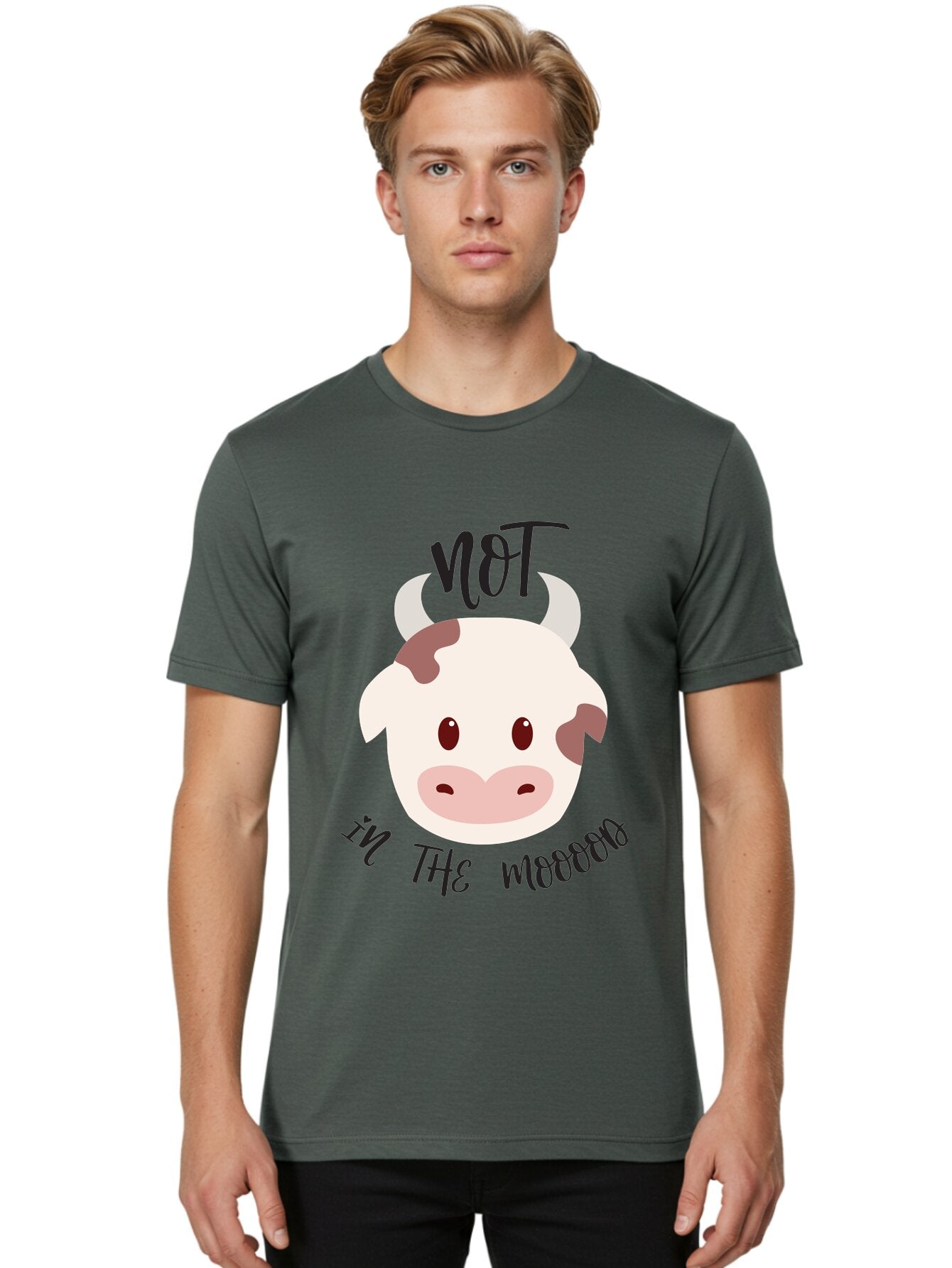 Not-In-The-Mood-Cow Men'S Graphic Tee, 100% Cotton, Comfortable Casual Summer Wear, Machine Washable, Cartoon Cow Face, Funny Cow Illustration, Cow Meme, Cow Humor, Cow Graphics, Animal Graphics, Quirky Illustration, Humorous Art Aad060 28