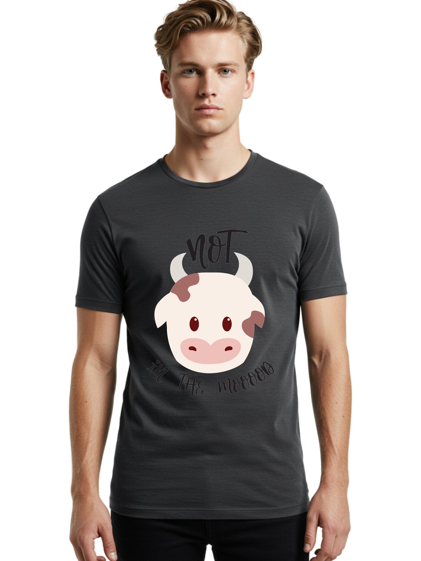 Not-In-The-Mood-Cow Men'S Graphic Tee, 100% Cotton, Comfortable Casual Summer Wear, Machine Washable, Cartoon Cow Face, Funny Cow Illustration, Cow Meme, Cow Humor, Cow Graphics, Animal Graphics, Quirky Illustration, Humorous Art Aad060 23
