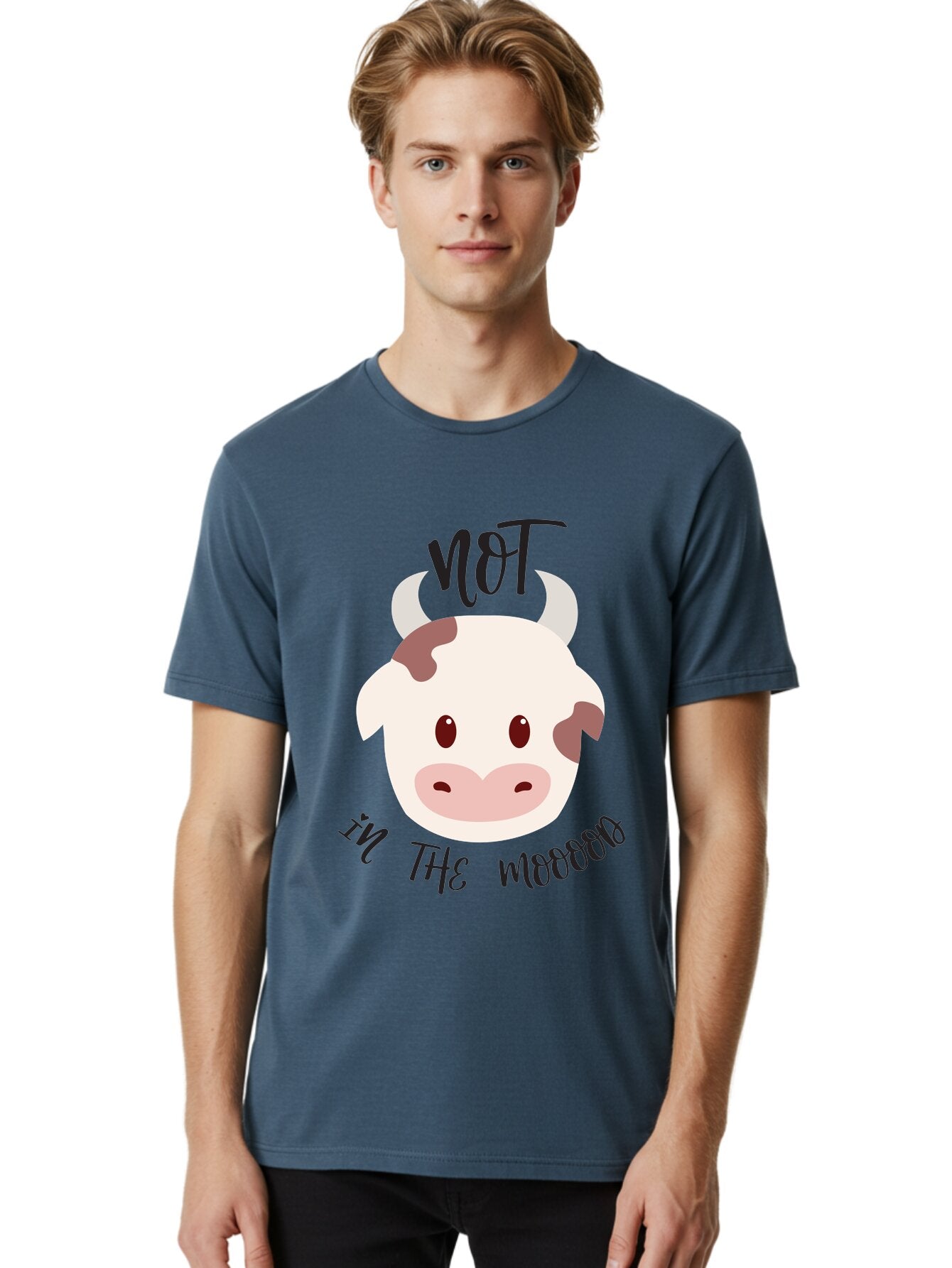 Not-In-The-Mood-Cow Men'S Graphic Tee, 100% Cotton, Comfortable Casual Summer Wear, Machine Washable, Cartoon Cow Face, Funny Cow Illustration, Cow Meme, Cow Humor, Cow Graphics, Animal Graphics, Quirky Illustration, Humorous Art Aad060 22