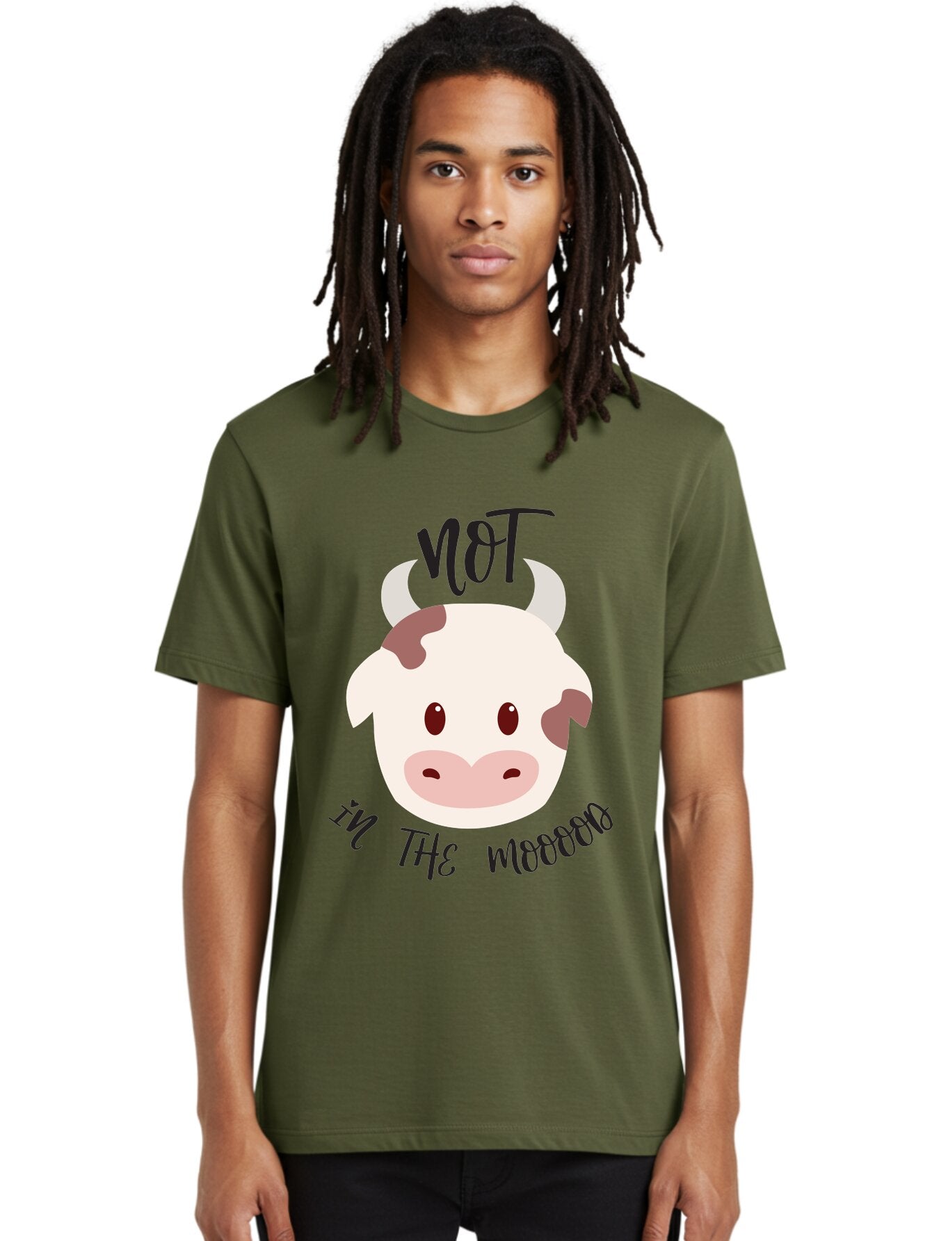 Not-In-The-Mood-Cow Men'S Graphic Tee, 100% Cotton, Comfortable Casual Summer Wear, Machine Washable, Cartoon Cow Face, Funny Cow Illustration, Cow Meme, Cow Humor, Cow Graphics, Animal Graphics, Quirky Illustration, Humorous Art Aad060 16