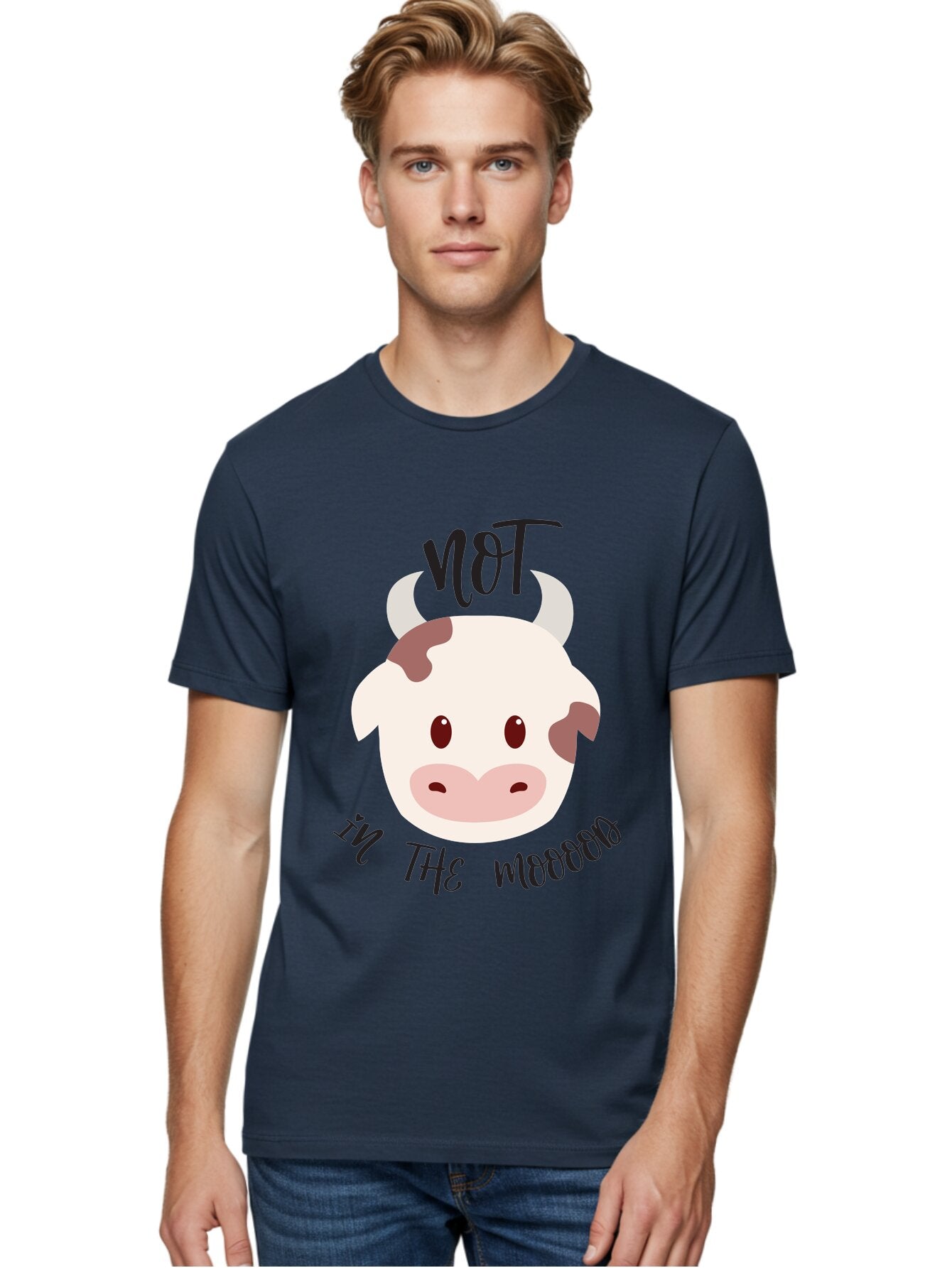 Not-In-The-Mood-Cow Men'S Graphic Tee, 100% Cotton, Comfortable Casual Summer Wear, Machine Washable, Cartoon Cow Face, Funny Cow Illustration, Cow Meme, Cow Humor, Cow Graphics, Animal Graphics, Quirky Illustration, Humorous Art Aad060 19