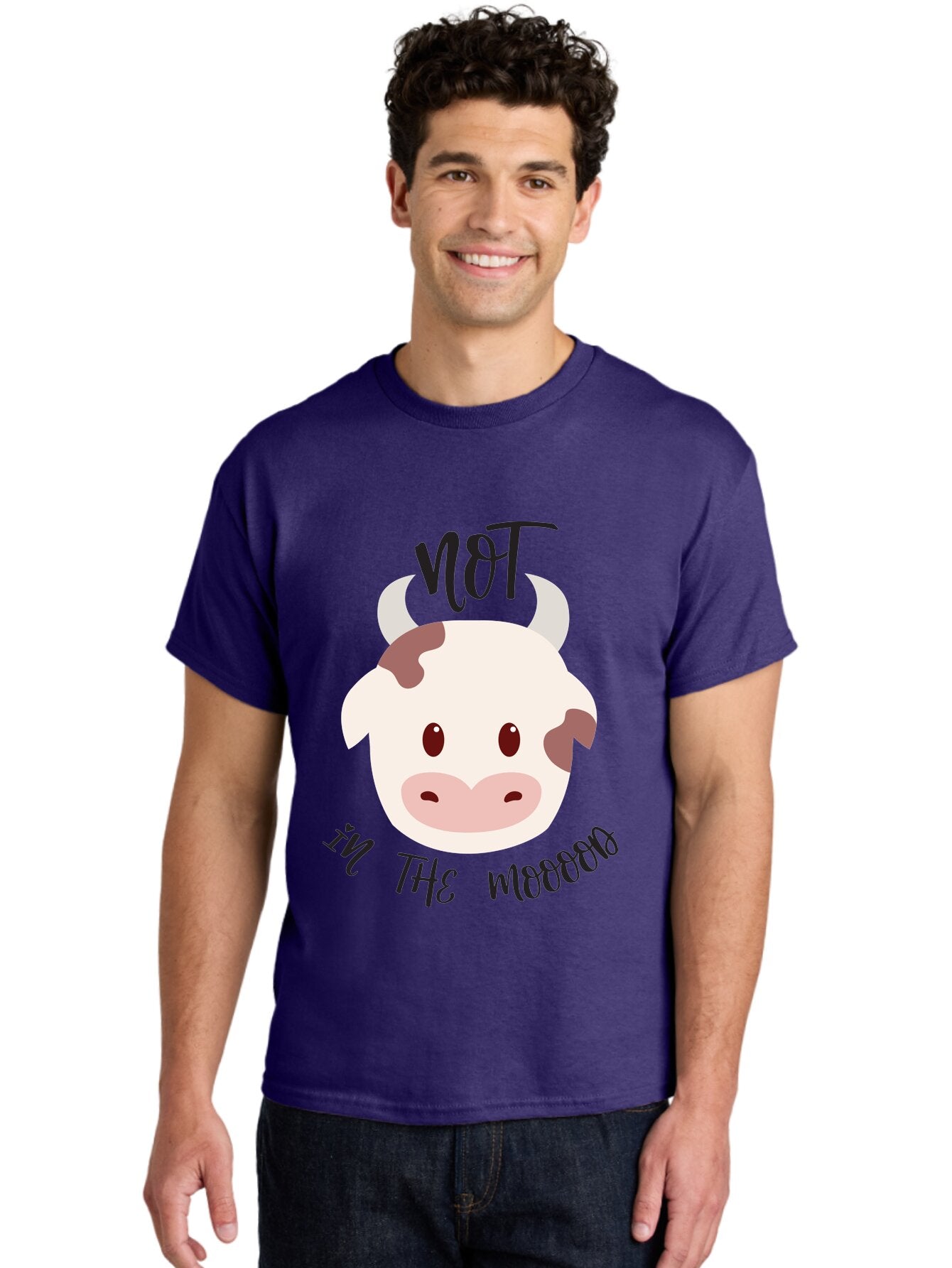 Not-In-The-Mood-Cow Men'S Graphic Tee, 100% Cotton, Comfortable Casual Summer Wear, Machine Washable, Cartoon Cow Face, Funny Cow Illustration, Cow Meme, Cow Humor, Cow Graphics, Animal Graphics, Quirky Illustration, Humorous Art Aad060 21