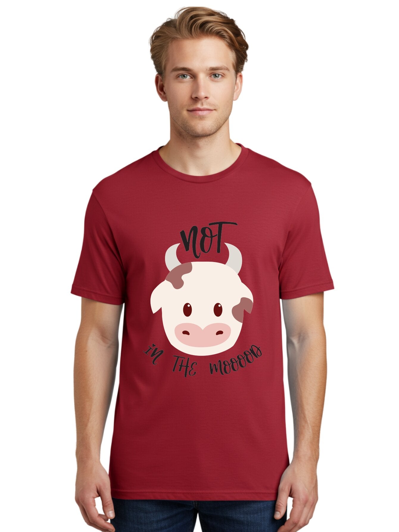 Not-In-The-Mood-Cow Men'S Graphic Tee, 100% Cotton, Comfortable Casual Summer Wear, Machine Washable, Cartoon Cow Face, Funny Cow Illustration, Cow Meme, Cow Humor, Cow Graphics, Animal Graphics, Quirky Illustration, Humorous Art Aad060 26