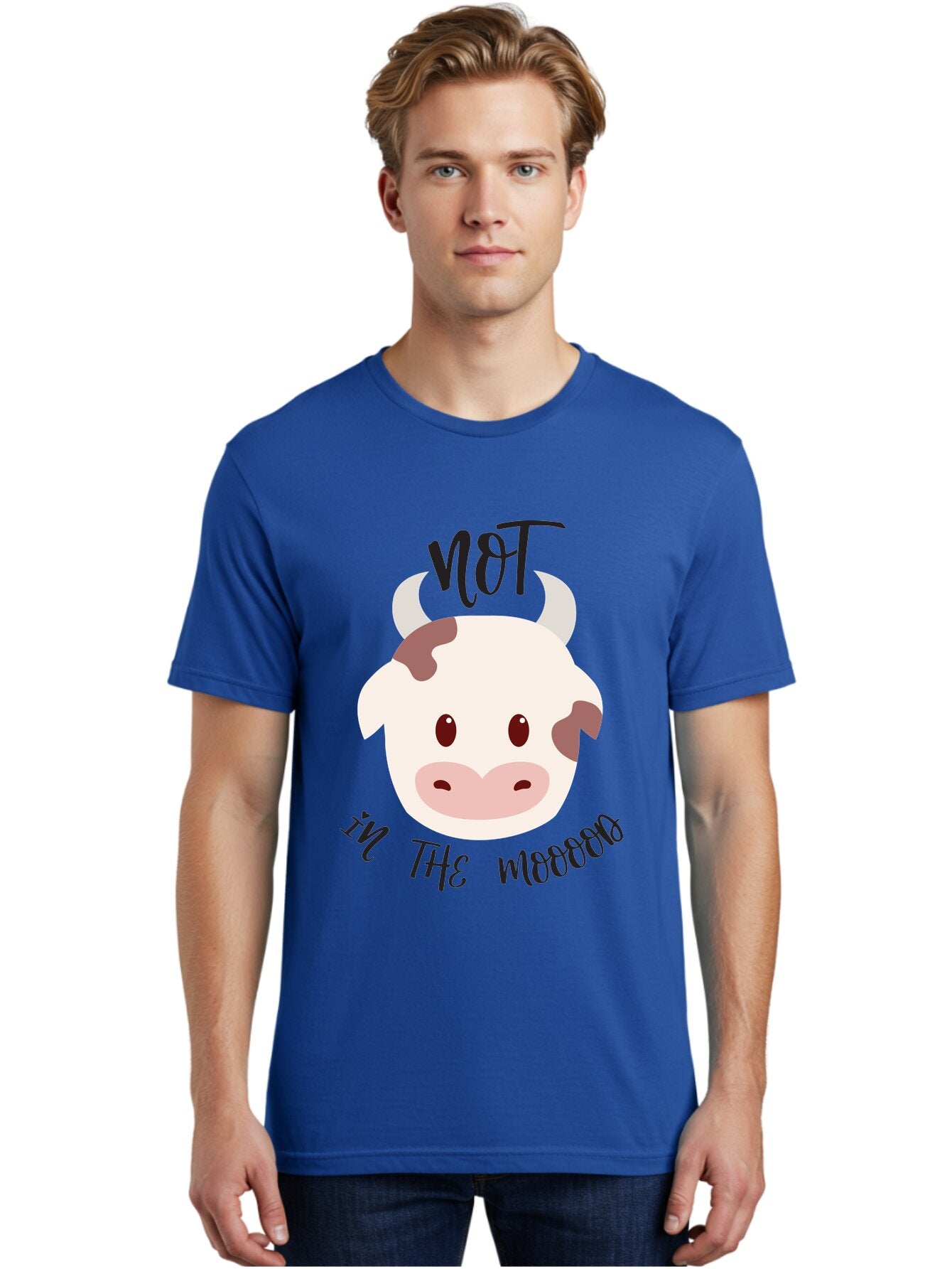 Not-In-The-Mood-Cow Men'S Graphic Tee, 100% Cotton, Comfortable Casual Summer Wear, Machine Washable, Cartoon Cow Face, Funny Cow Illustration, Cow Meme, Cow Humor, Cow Graphics, Animal Graphics, Quirky Illustration, Humorous Art Aad060 25