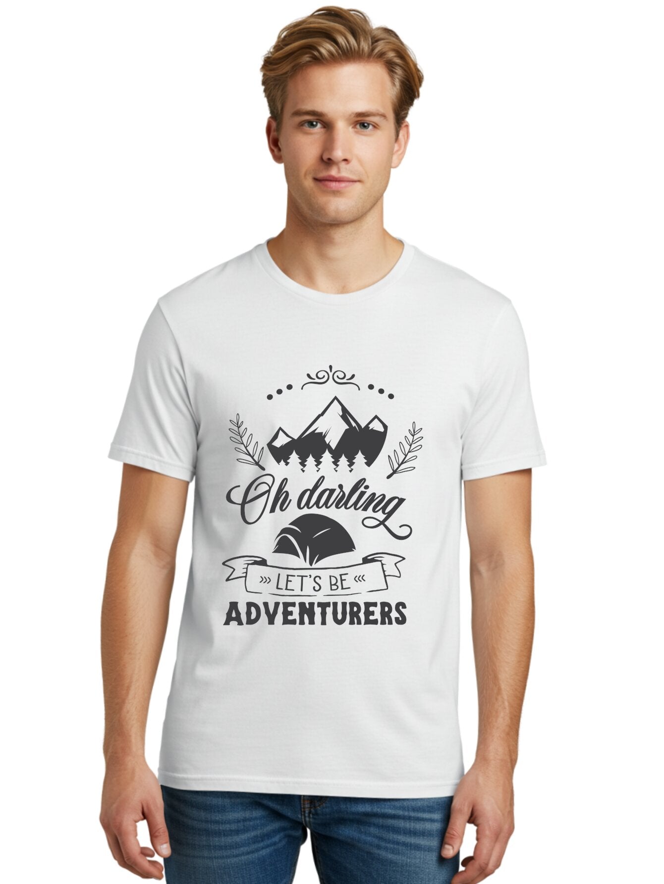 Oh-Darling-Let-S-Be-Adventurers Men'S Graphic Tee, 100% Cotton, Comfortable Casual Summer Wear, Machine Washable, Outdoor Adventure, Travel Inspiration, Wanderlust, Mountain Landscape, Forest Scenery, Inspirational Quotes, Aad066 22