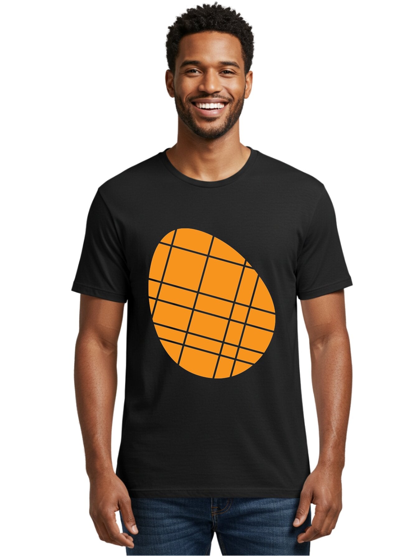 Orange-Grid-Circle Men'S Graphic Tee, 100% Cotton, Comfortable Casual Summer Wear, Machine Washable, Orange Circle, Grid Pattern, Neon Green Grid, Abstract Design, Modern Art, Geometric Shape Aad073 20