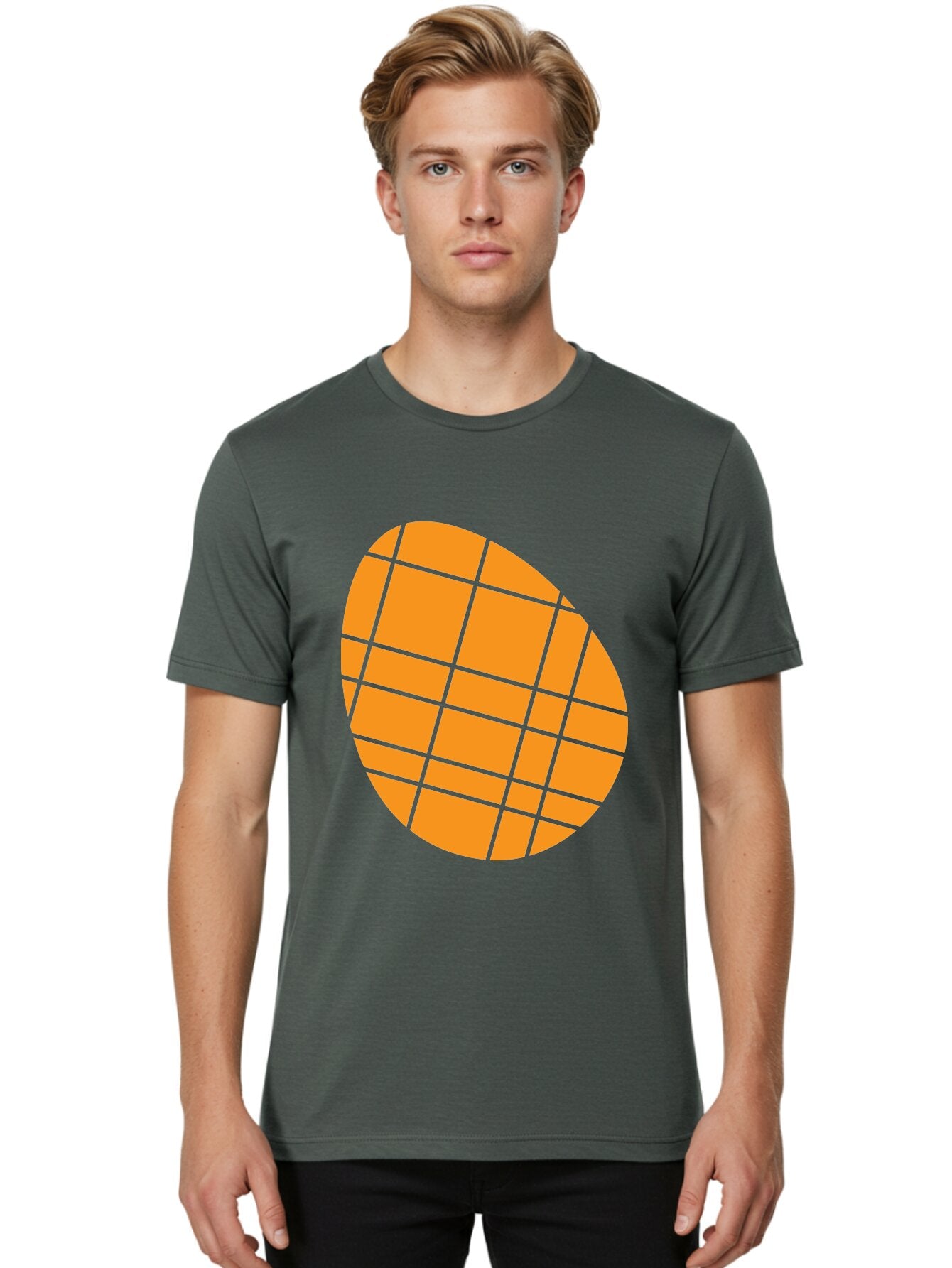 Orange-Grid-Circle Men'S Graphic Tee, 100% Cotton, Comfortable Casual Summer Wear, Machine Washable, Orange Circle, Grid Pattern, Neon Green Grid, Abstract Design, Modern Art, Geometric Shape Aad073 28