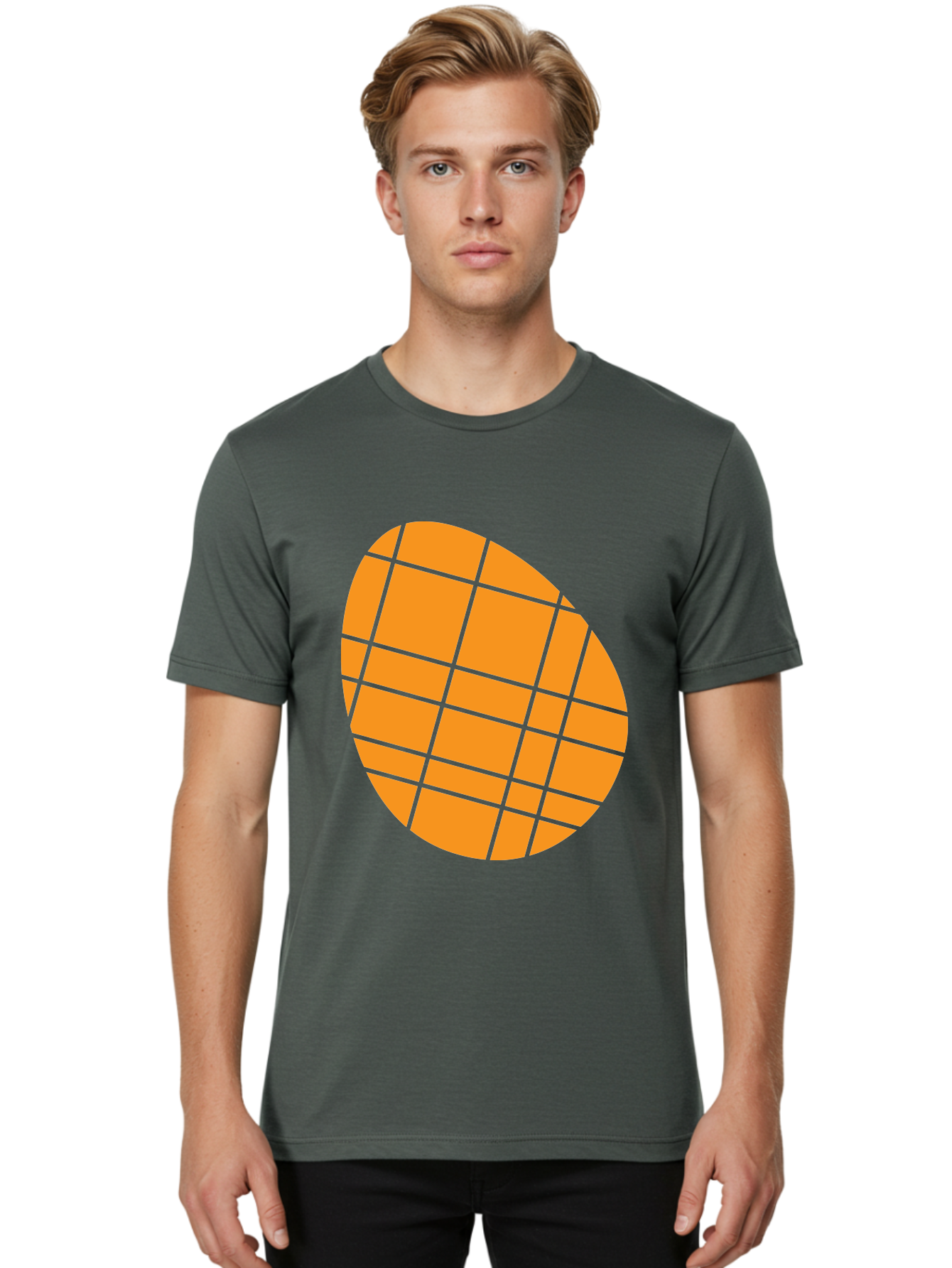 Orange-Grid-Circle Men'S Graphic Tee, 100% Cotton, Comfortable Casual Summer Wear, Machine Washable, Orange Circle, Grid Pattern, Neon Green Grid, Abstract Design, Modern Art, Geometric Shape Aad073 6
