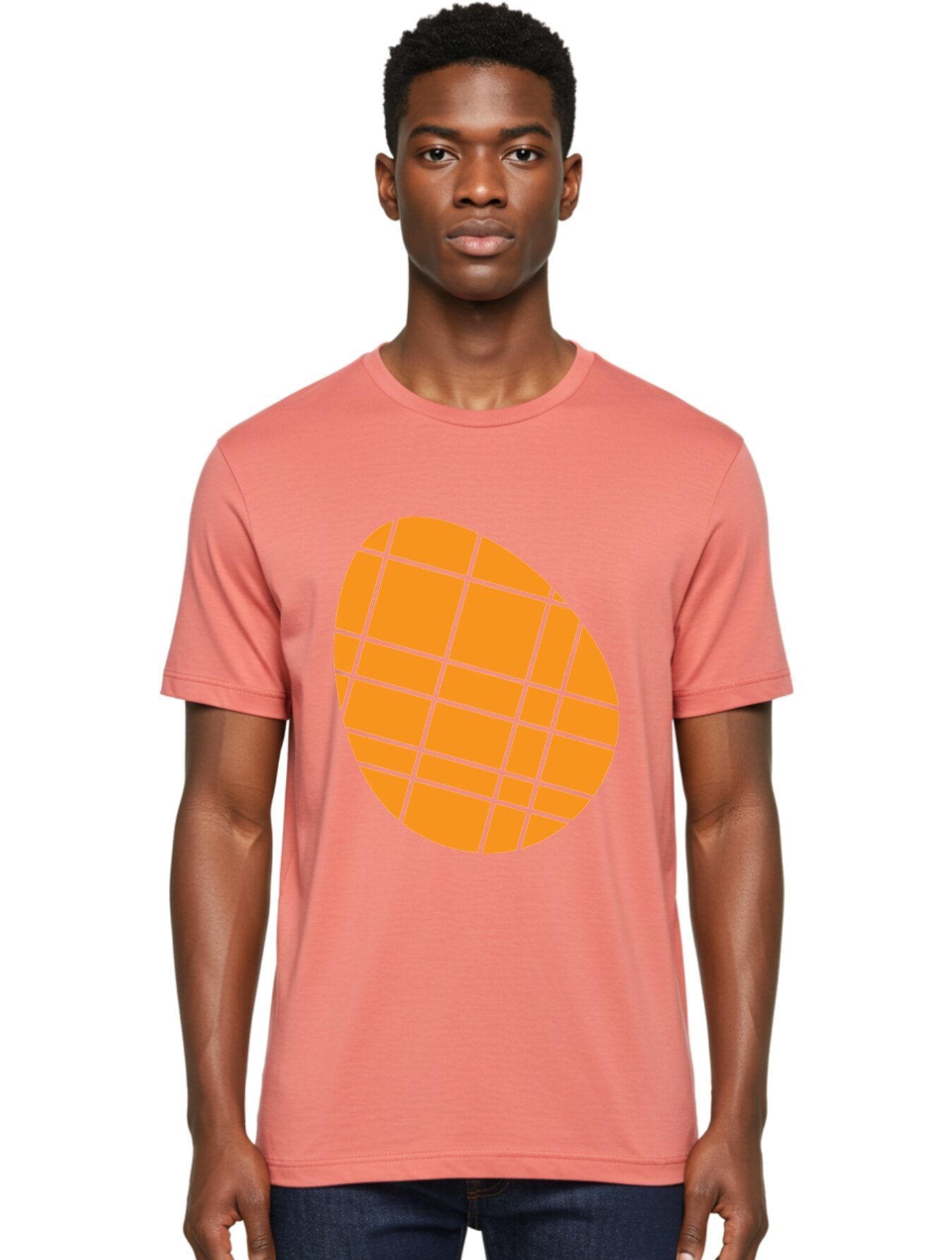 Orange-Grid-Circle Men'S Graphic Tee, 100% Cotton, Comfortable Casual Summer Wear, Machine Washable, Orange Circle, Grid Pattern, Neon Green Grid, Abstract Design, Modern Art, Geometric Shape Aad073 24